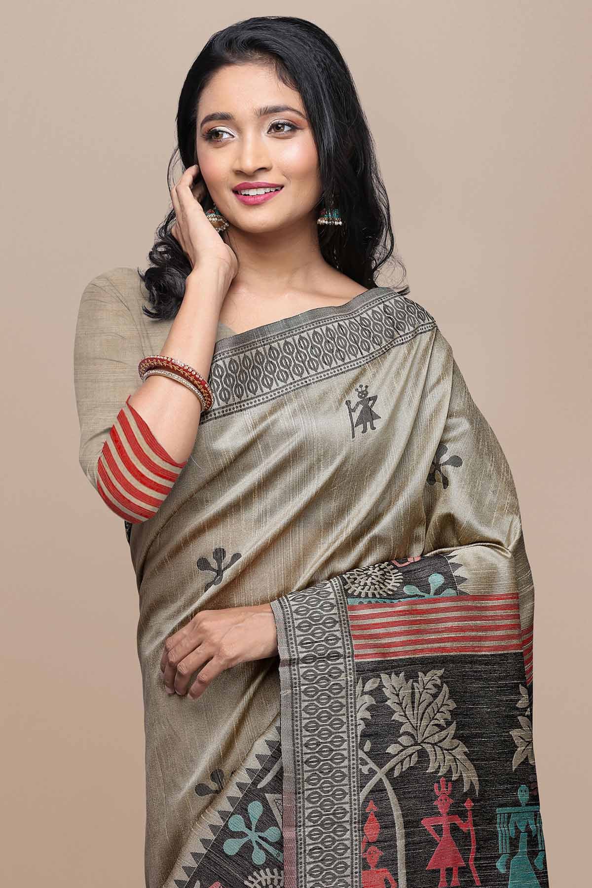 Chiku Raw Silk Kalamkari Saree