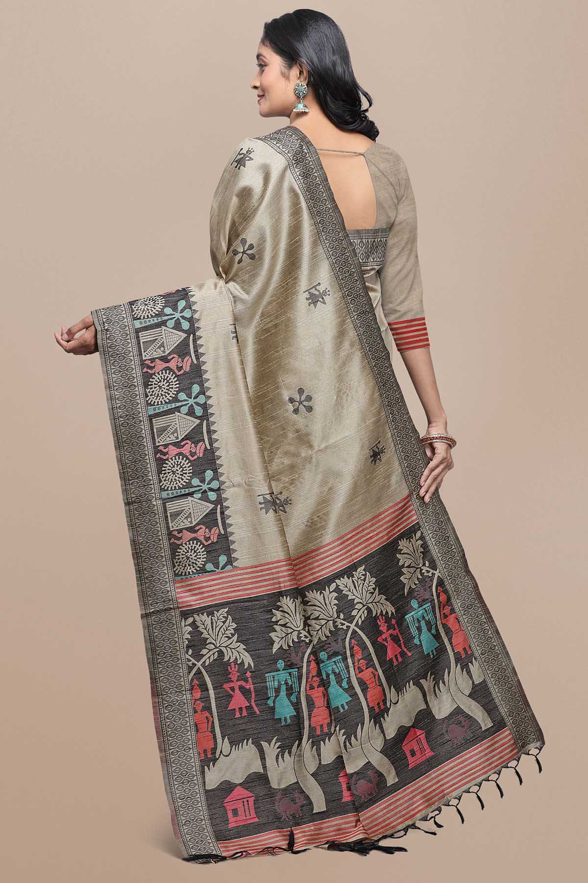 Chiku Raw Silk Kalamkari Saree