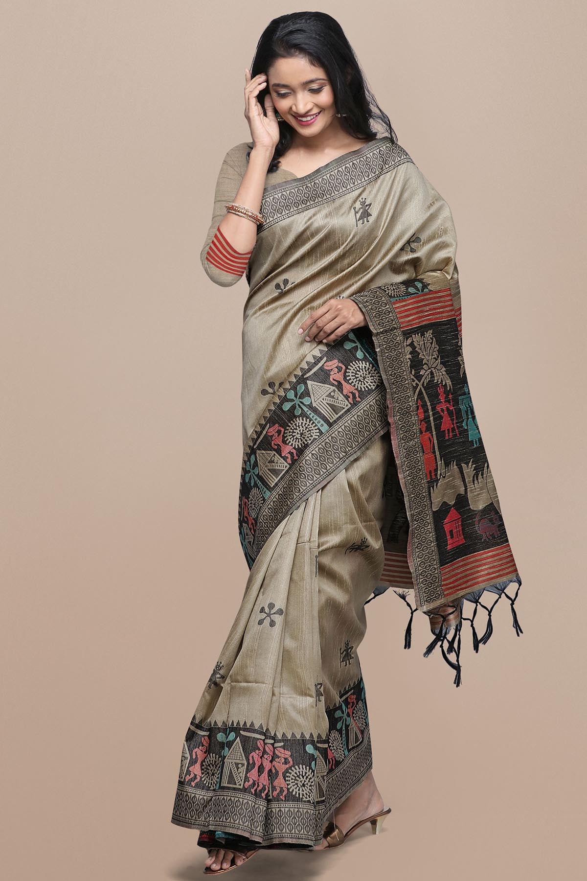 Chiku Raw Silk Kalamkari Saree
