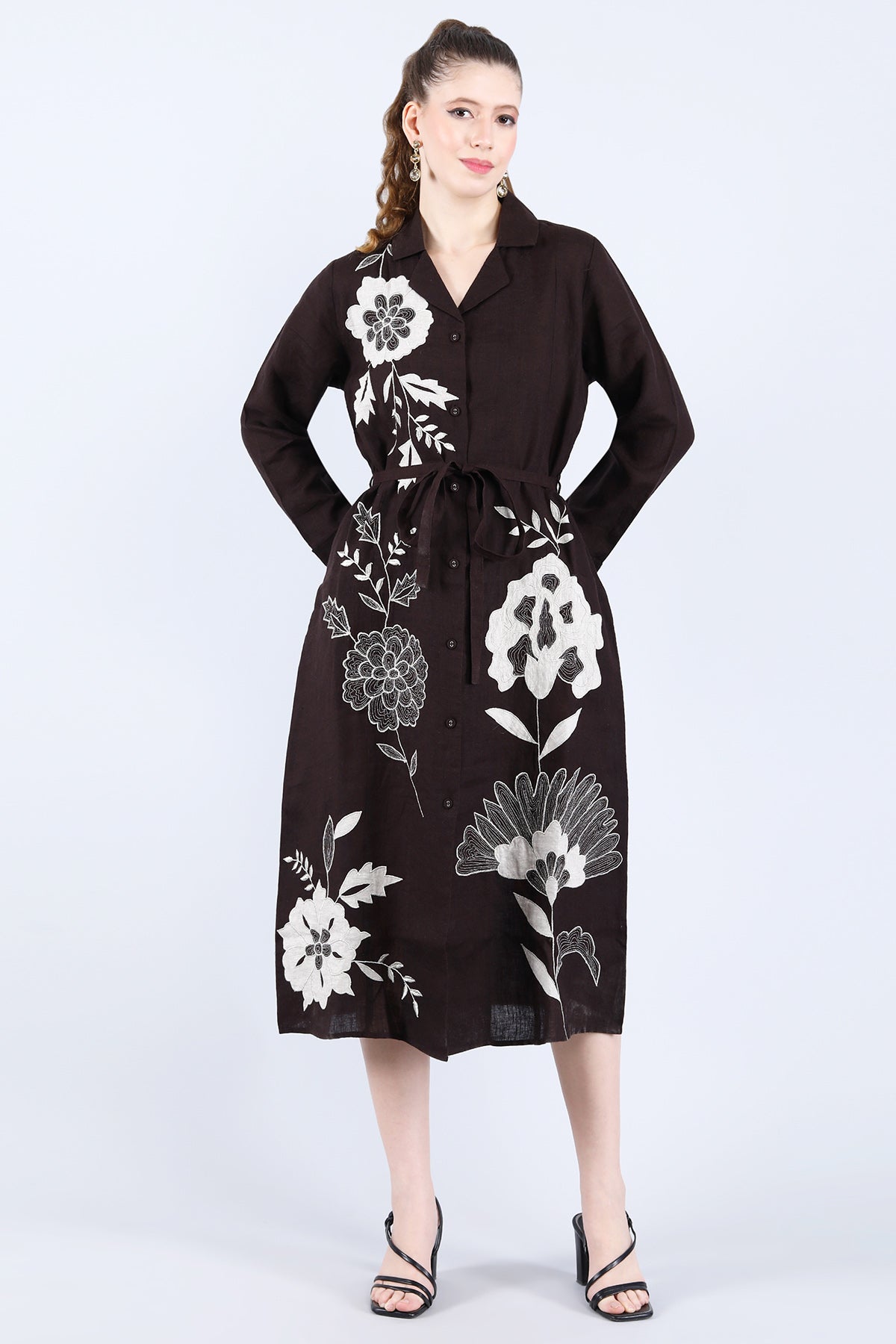 Chocolate Linen Floral Dress