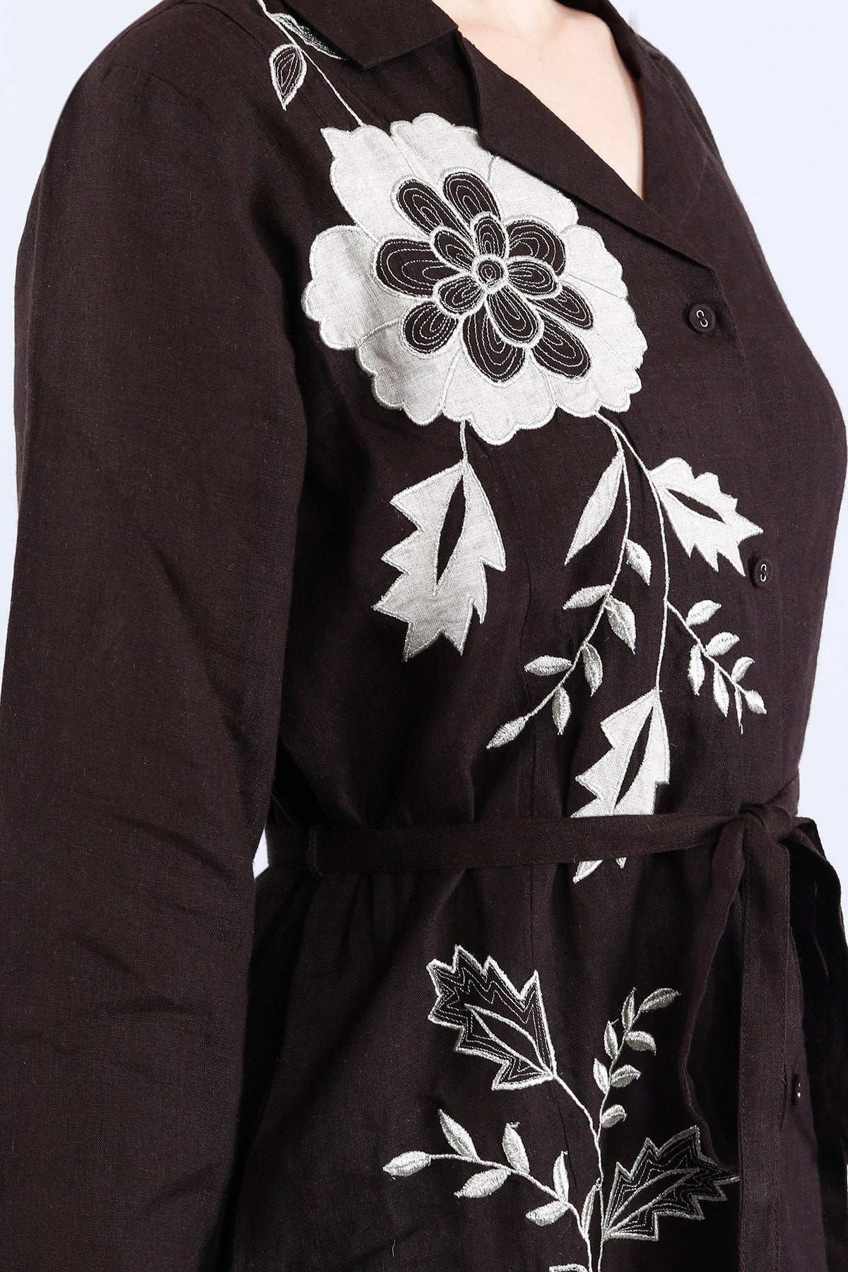 Chocolate Linen Floral Dress