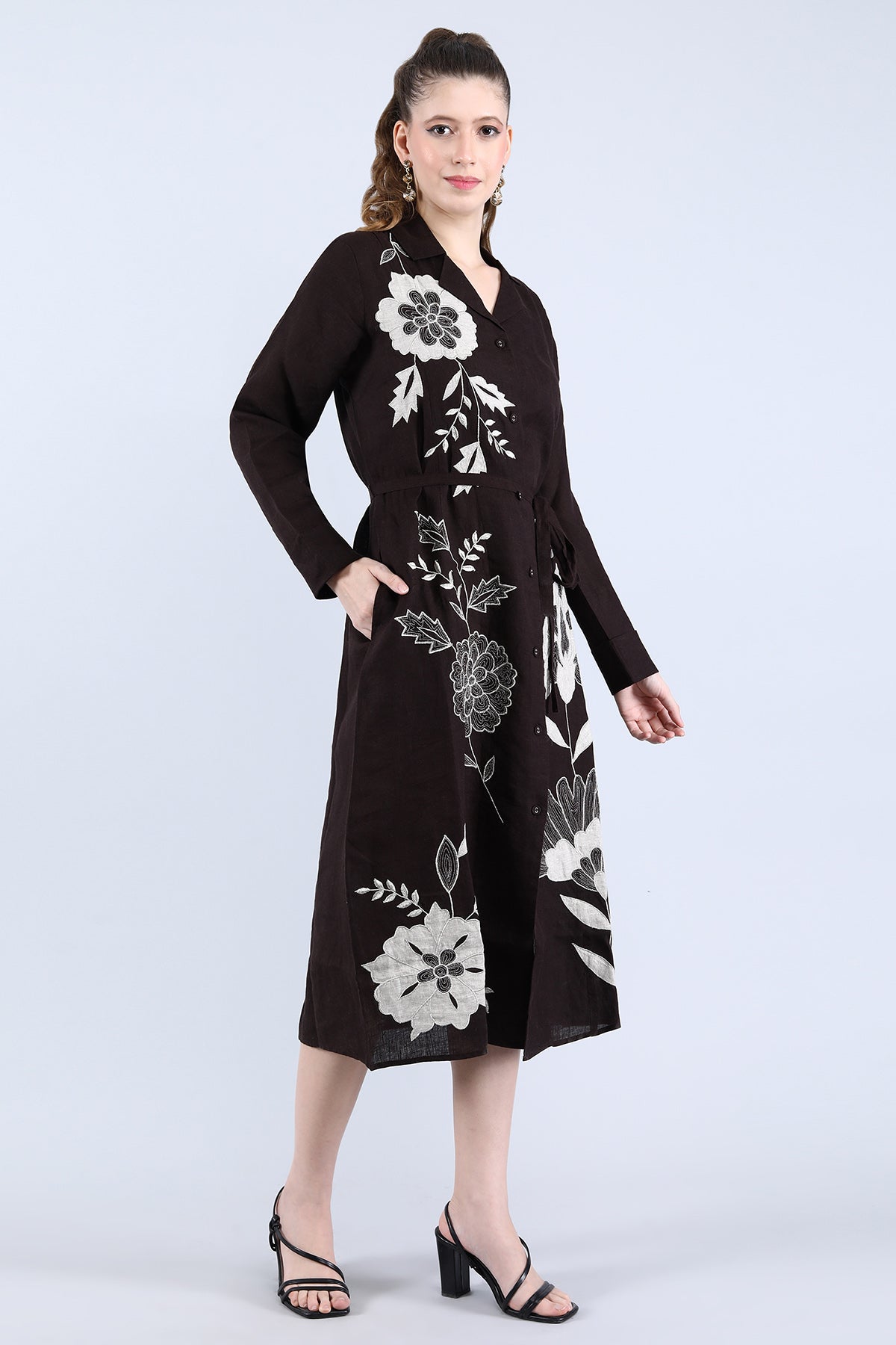 Chocolate Linen Floral Dress