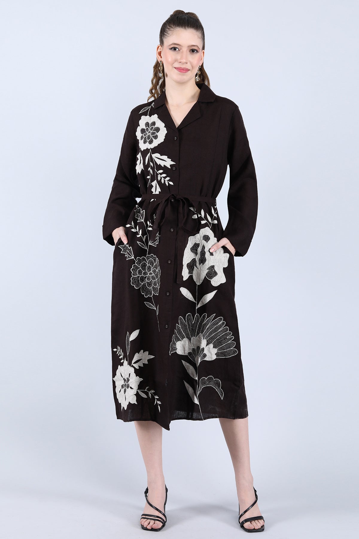 Buy Linen Bloom Chocolate Linen Floral Dress for women online available at ScrollnShops