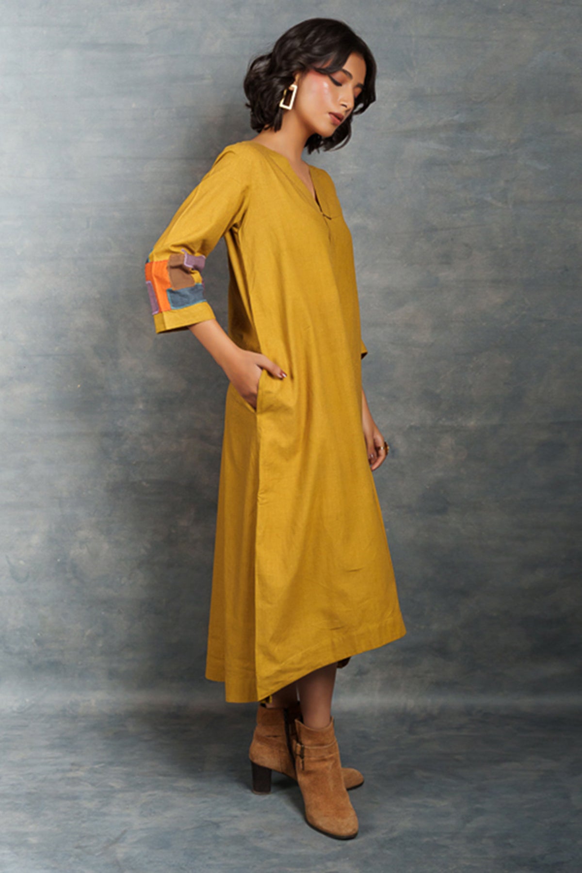 Citron Cotton V-Neck Midi Dress