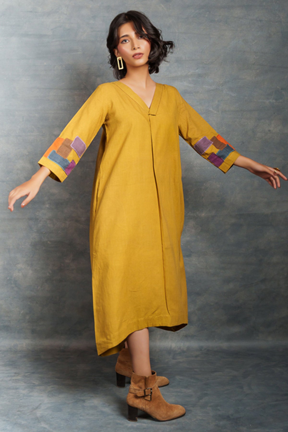 Citron Cotton V-Neck Midi Dress