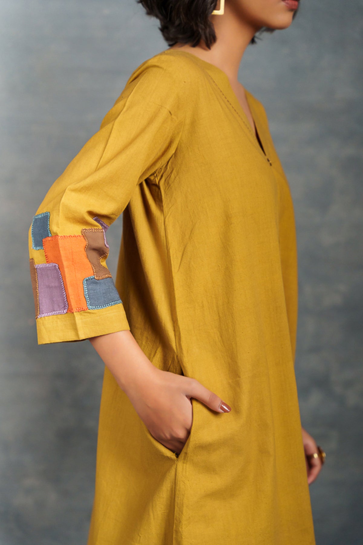 Citron Cotton V-Neck Midi Dress