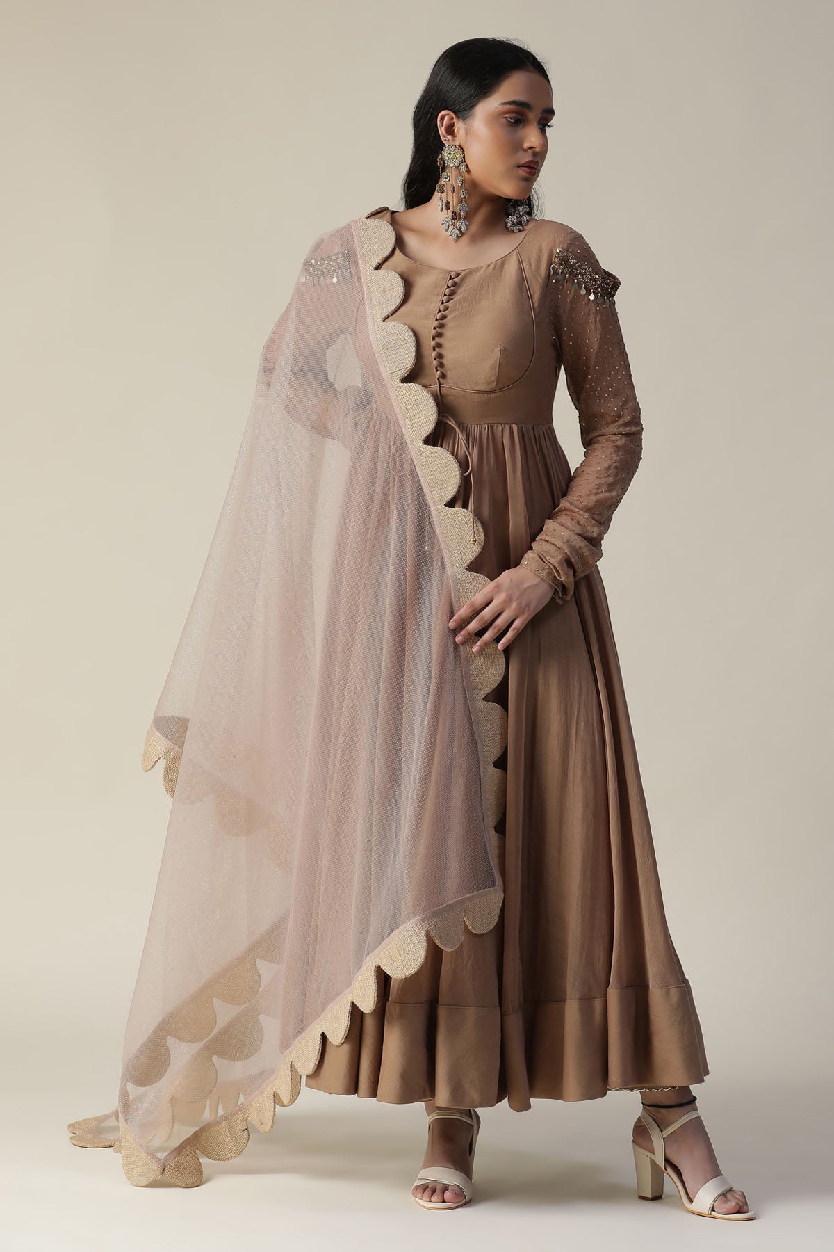 Cocoa Brown Chanderi Anarkali Set