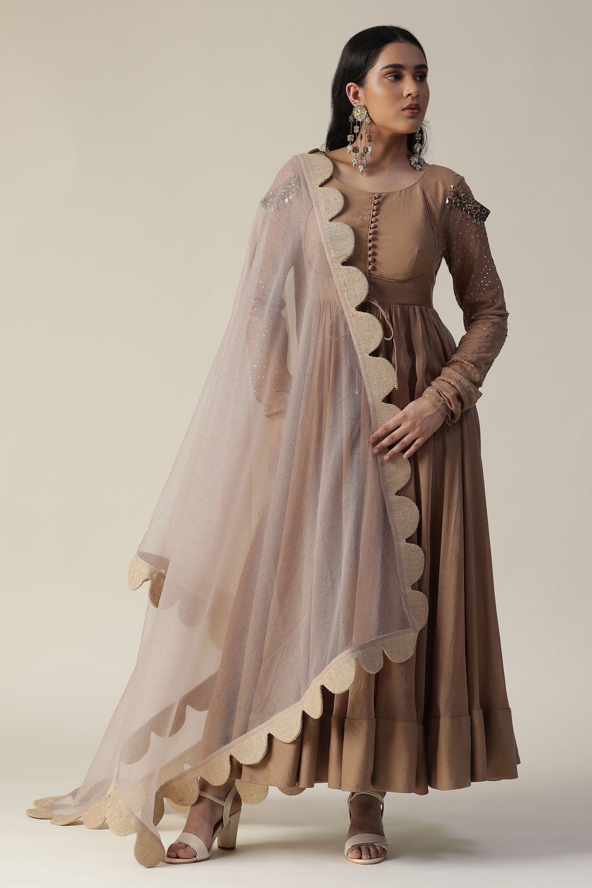 Cocoa Brown Chanderi Anarkali Set