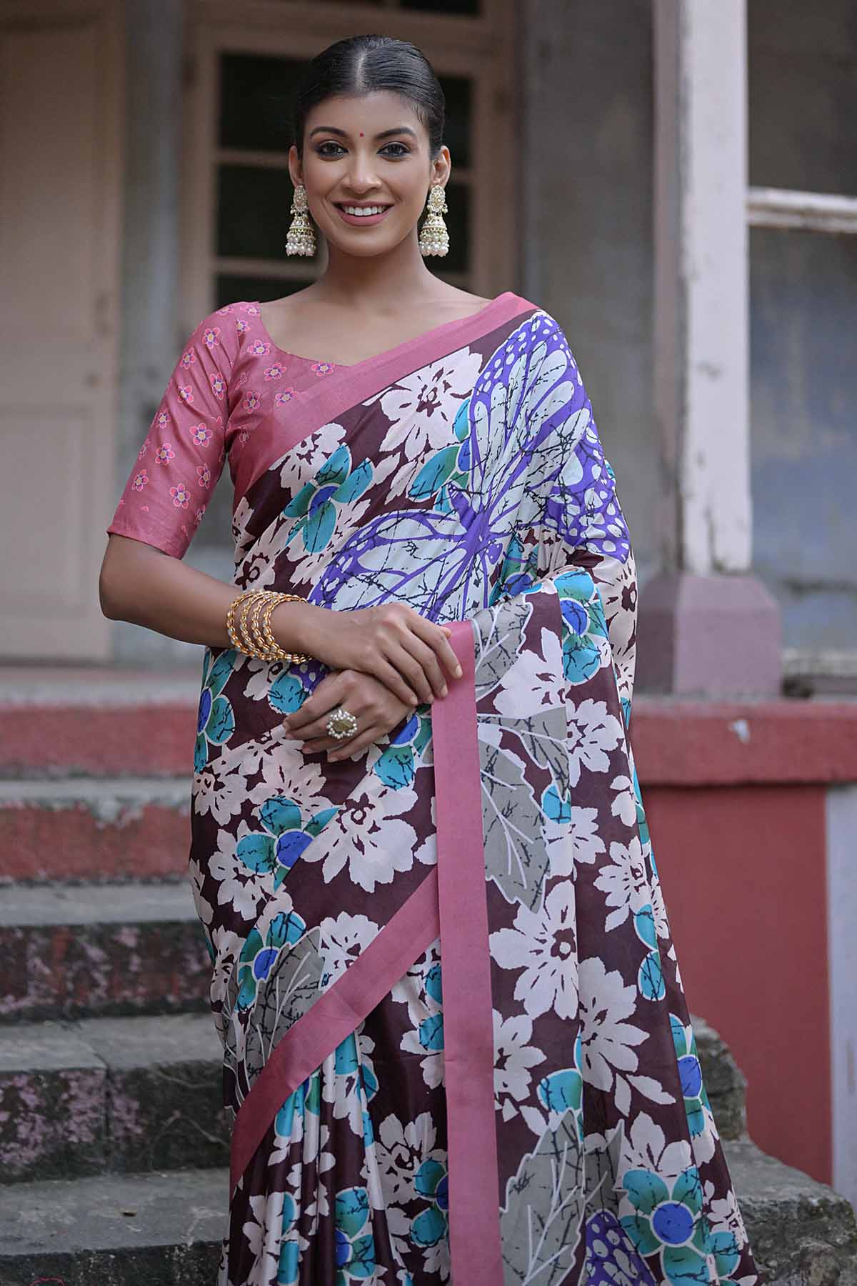 Coffee Butterfly Print Saree