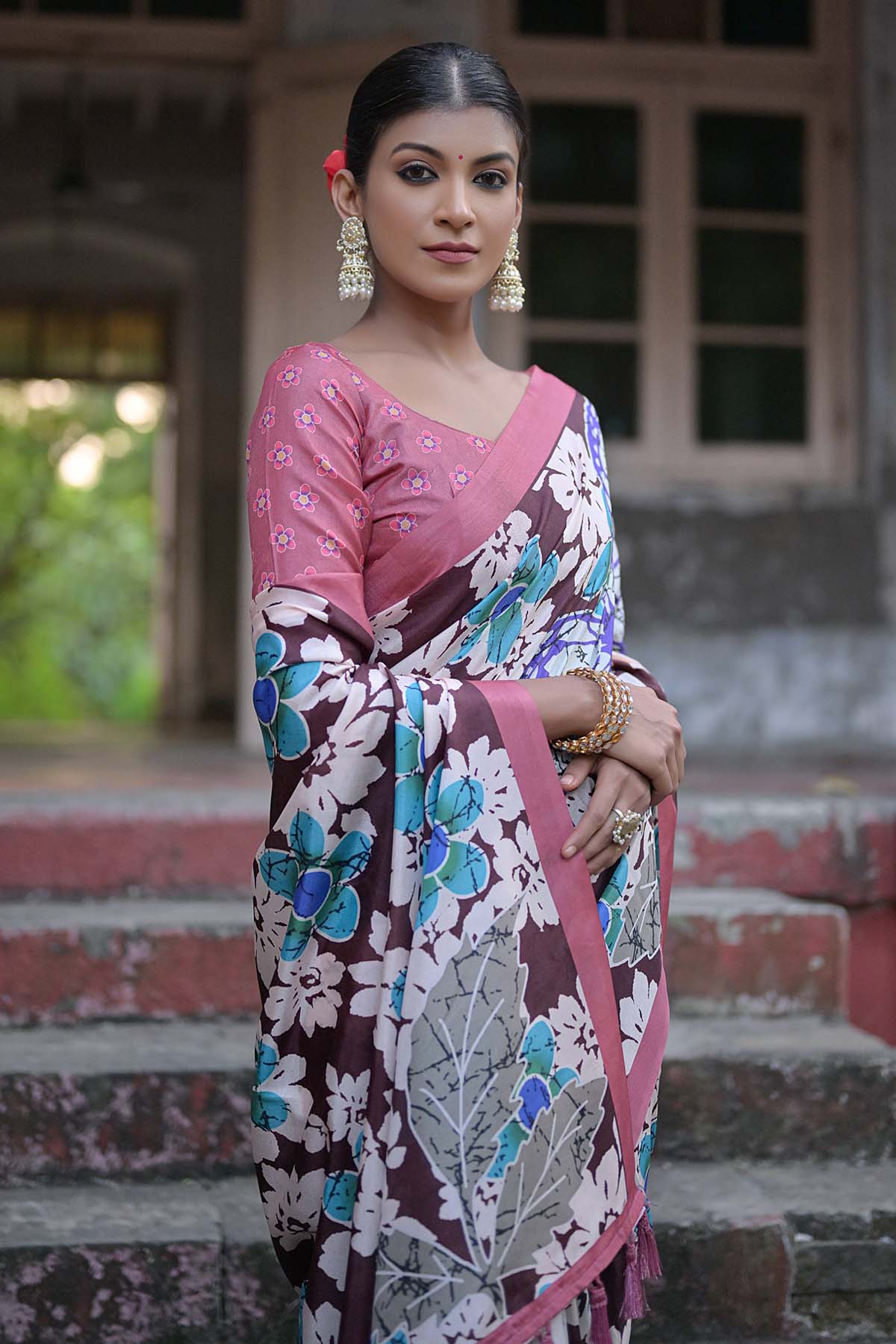 Coffee Butterfly Print Saree