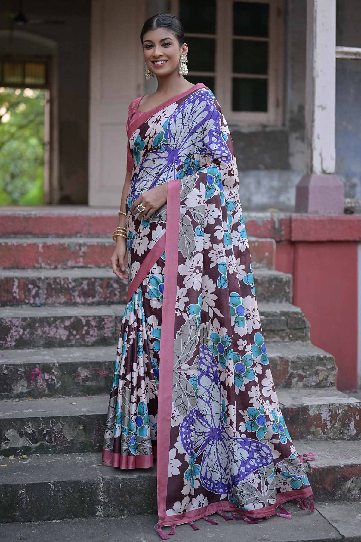 Coffee Butterfly Print Saree