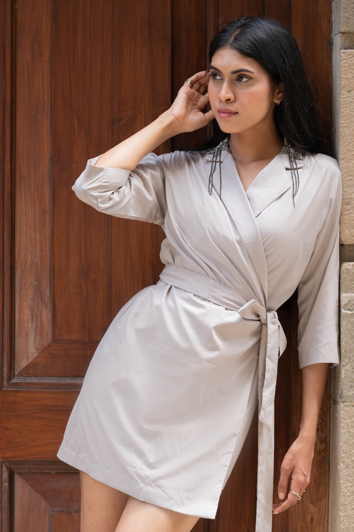 Coffee Floral Motif Wrap Dress