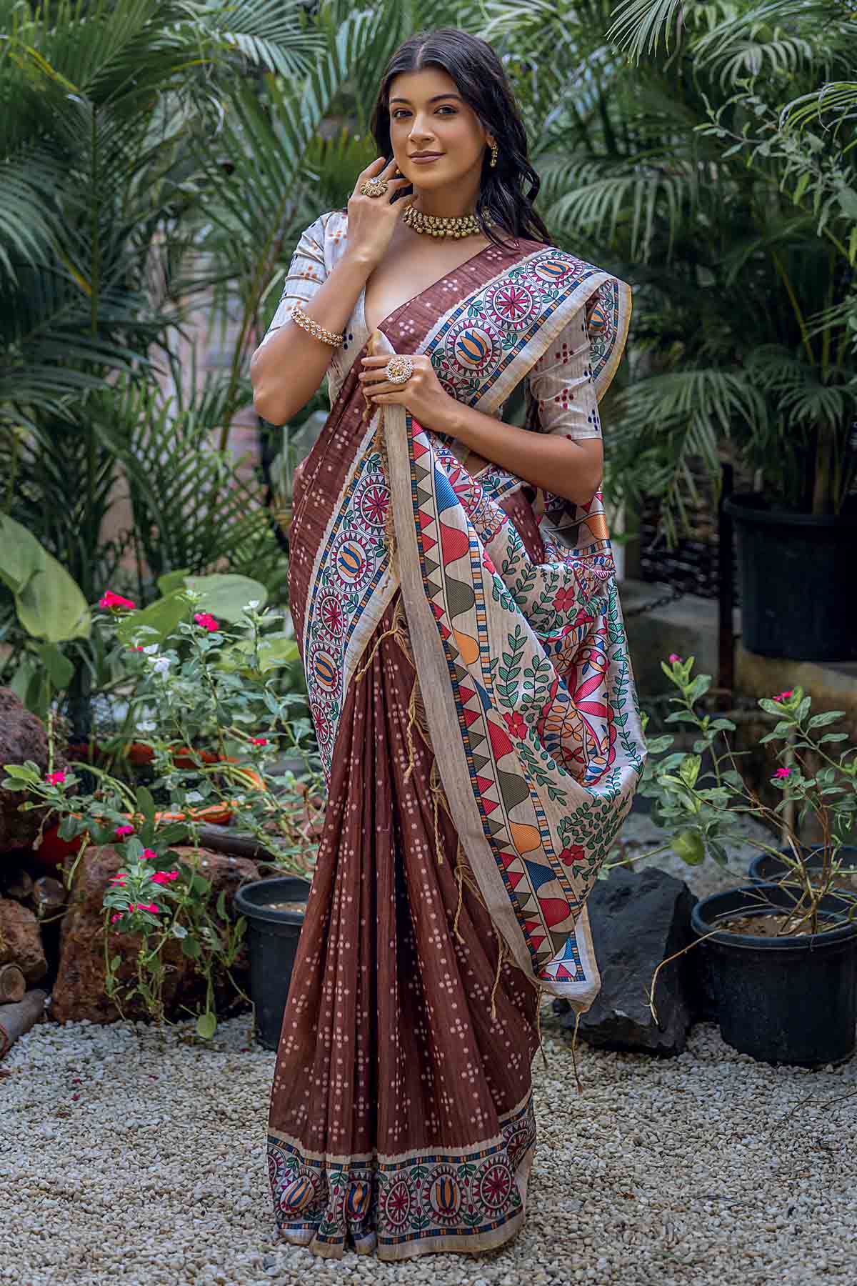 Coffee Madhubani Print Saree