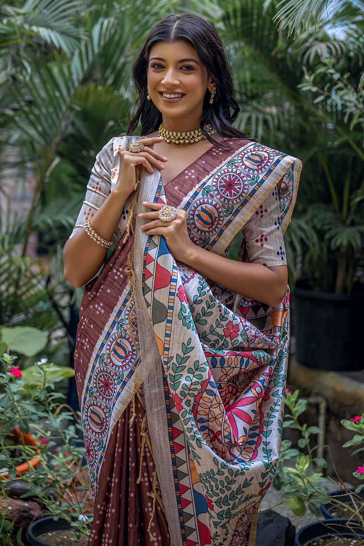 Coffee Madhubani Print Saree