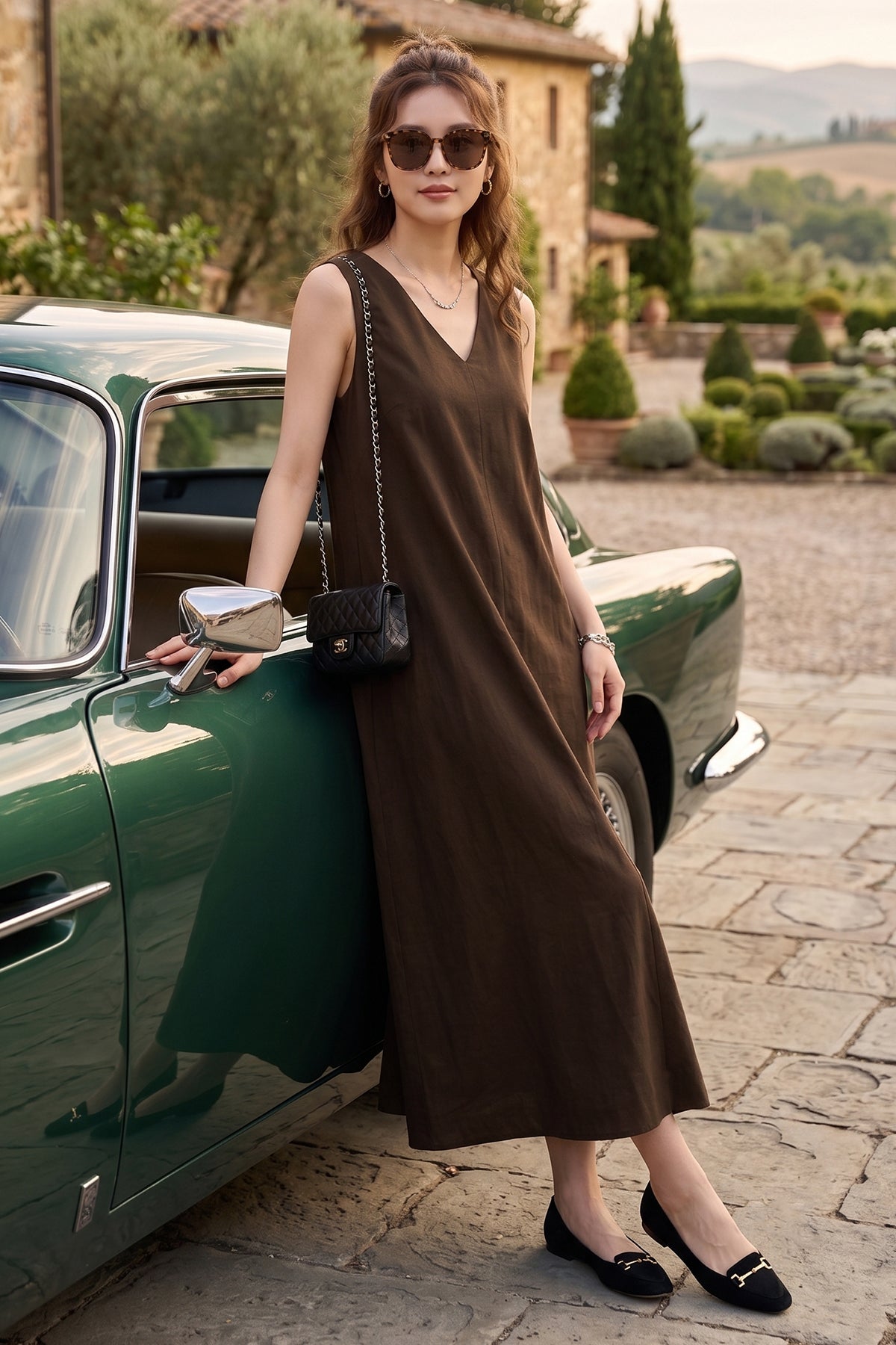 Coffee A-Line Cotton Maxi Dress