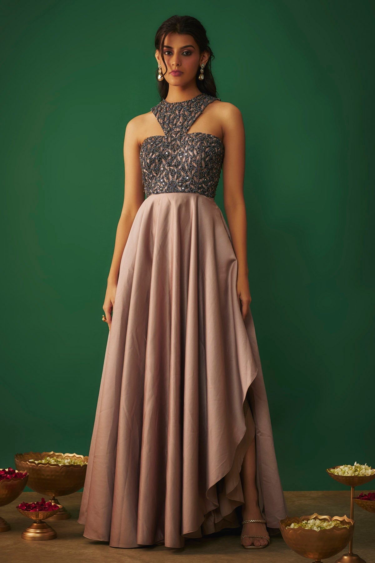 Mehak Murpana Coffee Asymmetric Cocktail Gown for Women Online at ScrollnShops