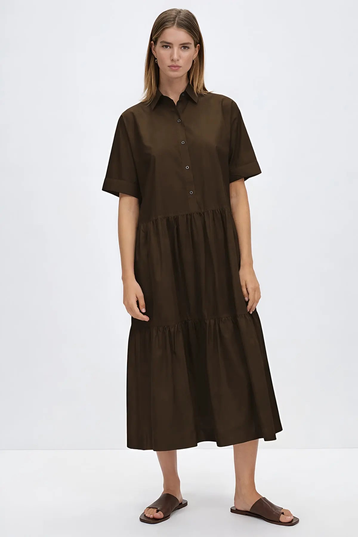 Buy Coffee Button Tiered Midi Dress for women by Sneha B online available at scrollnshops