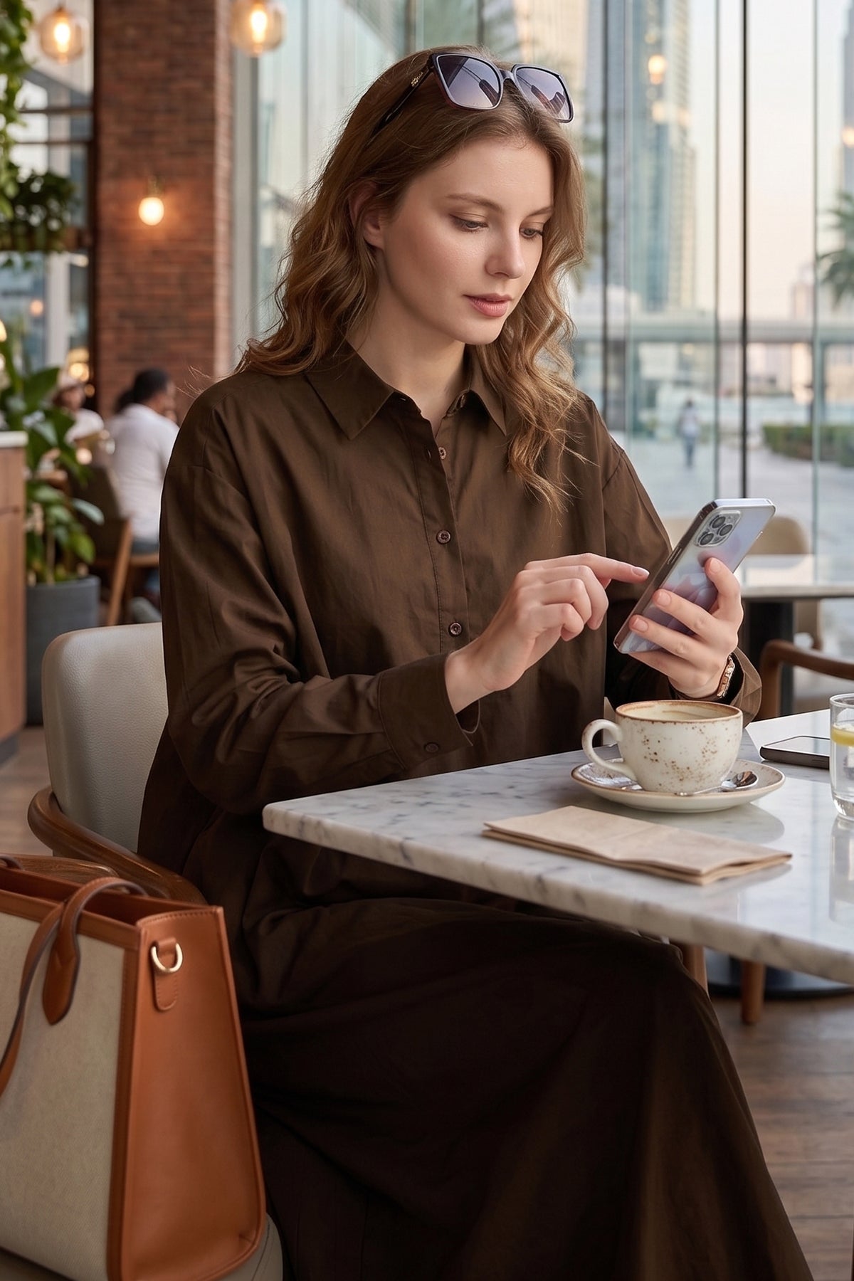 Coffee Cotton Collar Midi Dress