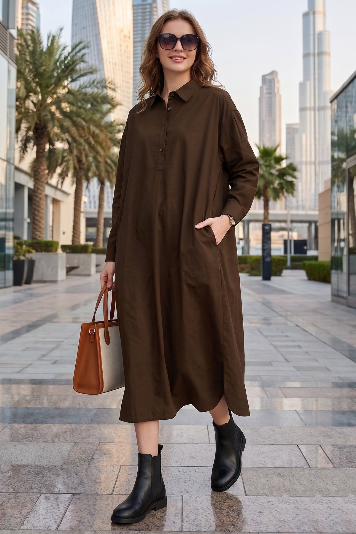 Buy Coffee Cotton Collar Midi Dress for women by Sneha B online available at scrollnshops