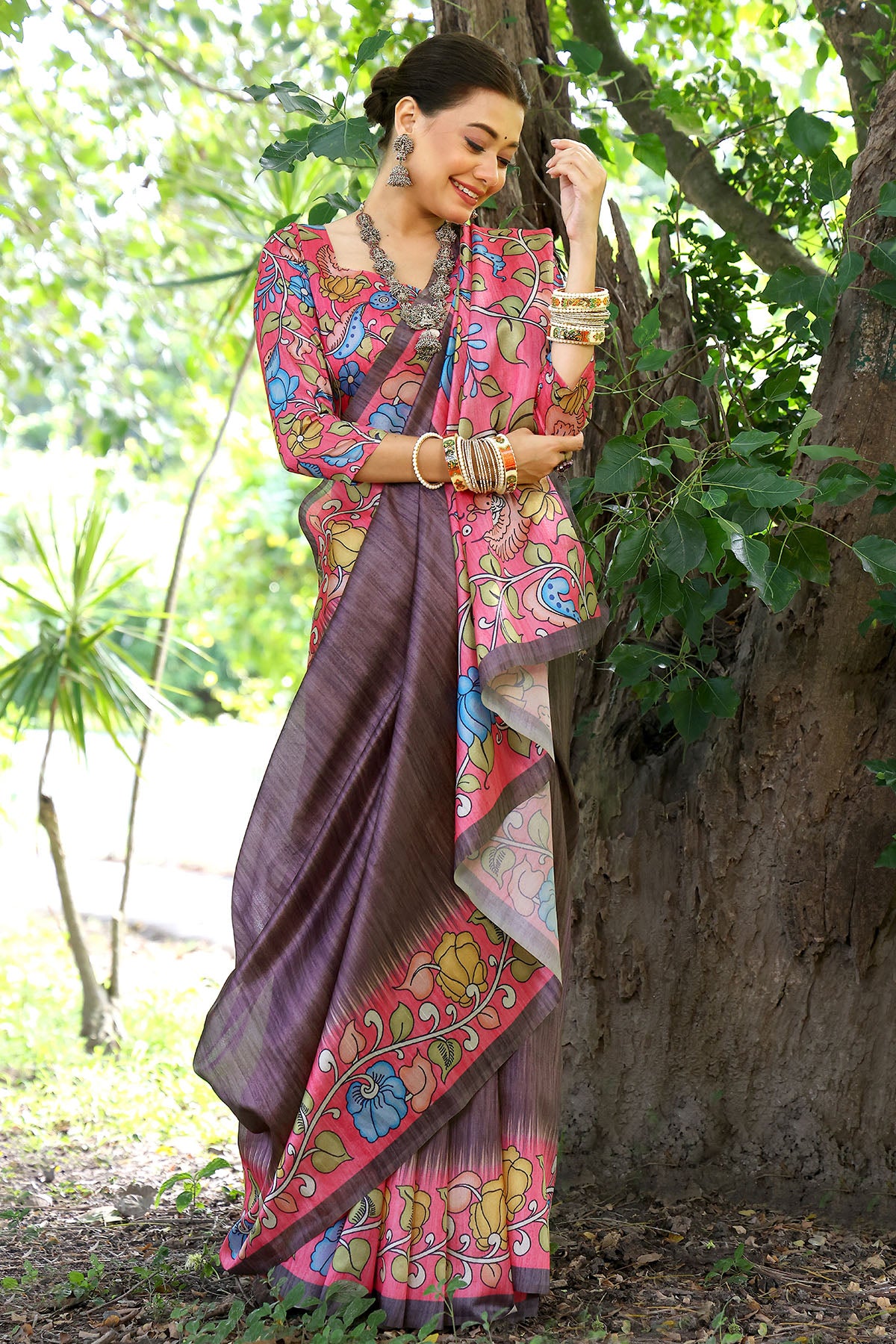 Coffee Cotton Silk Printed Saree