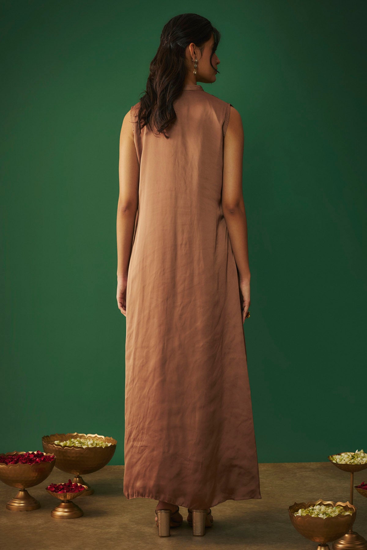 Coffee Embroidered Draped Gown