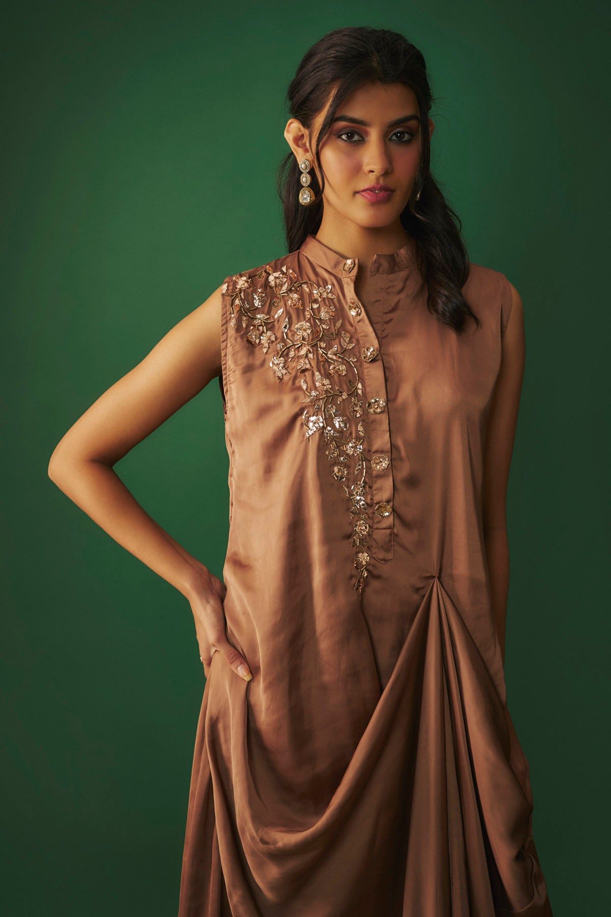 Coffee Embroidered Draped Gown