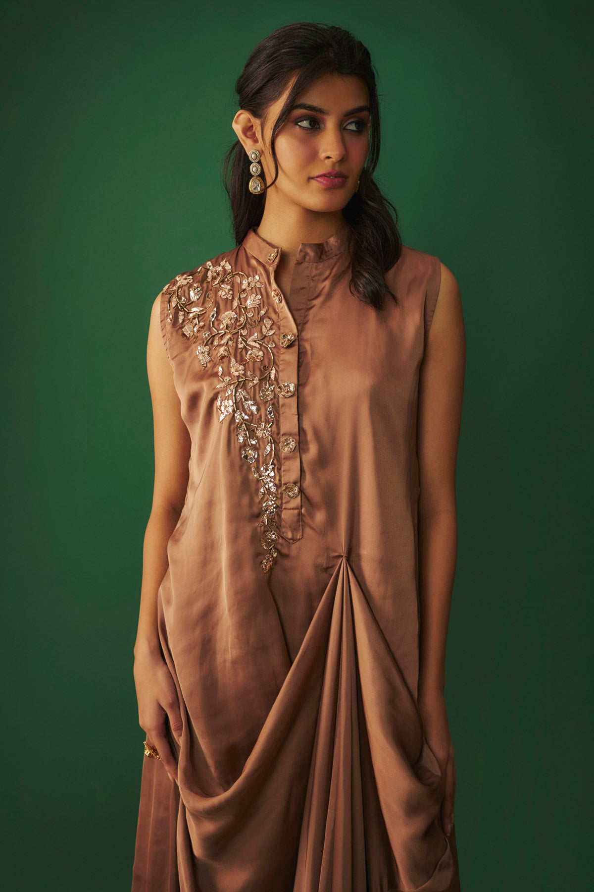 Coffee Embroidered Draped Gown