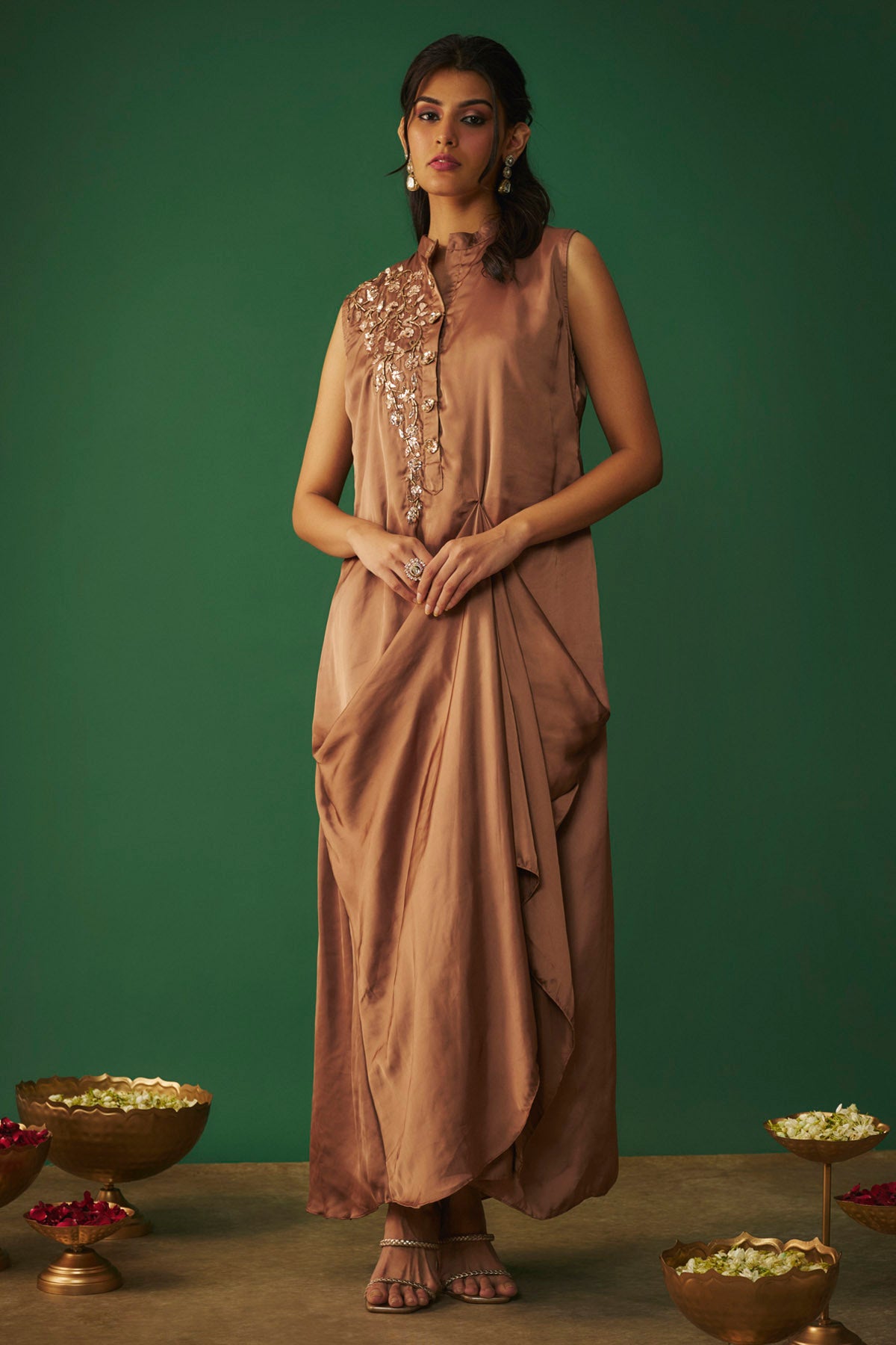 Coffee Embroidered Draped Gown