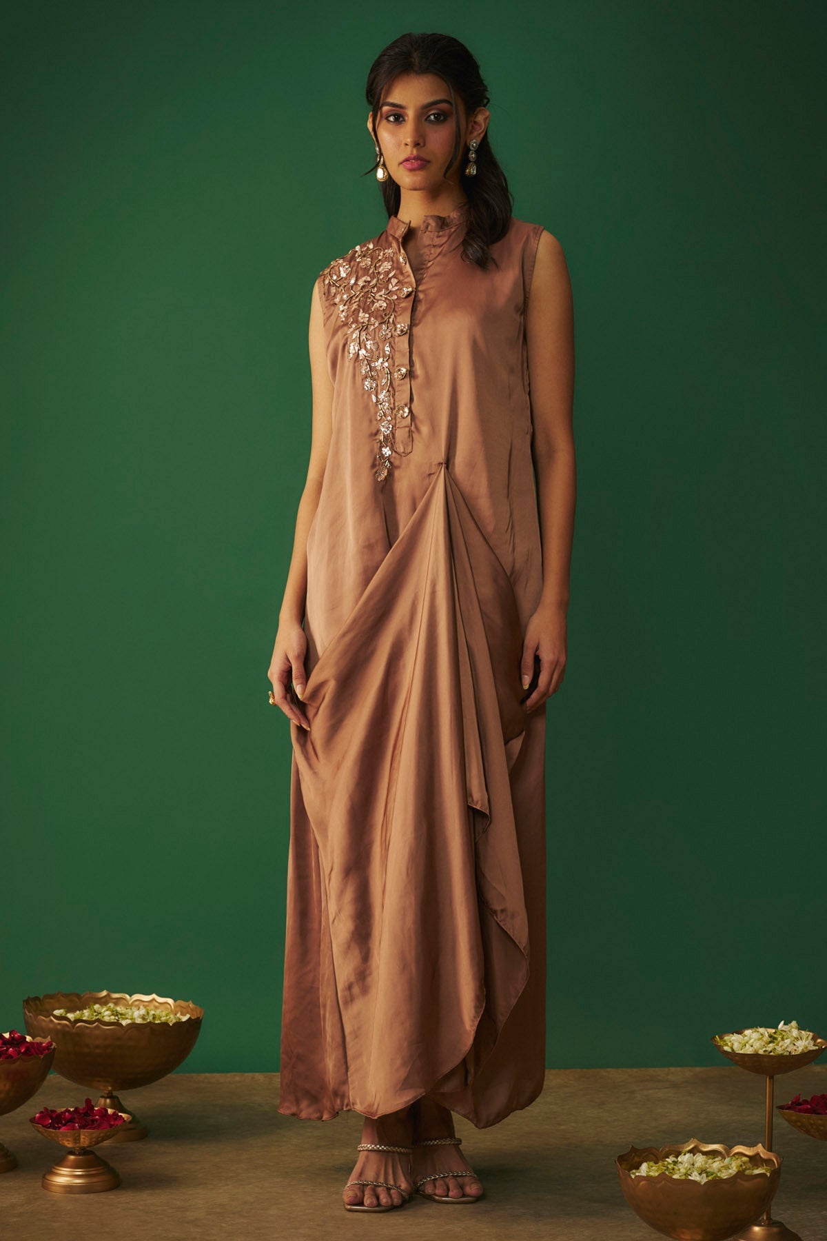 Mehak Murpana Coffee Embroidered Draped Gown for Women Online at ScrollnShops