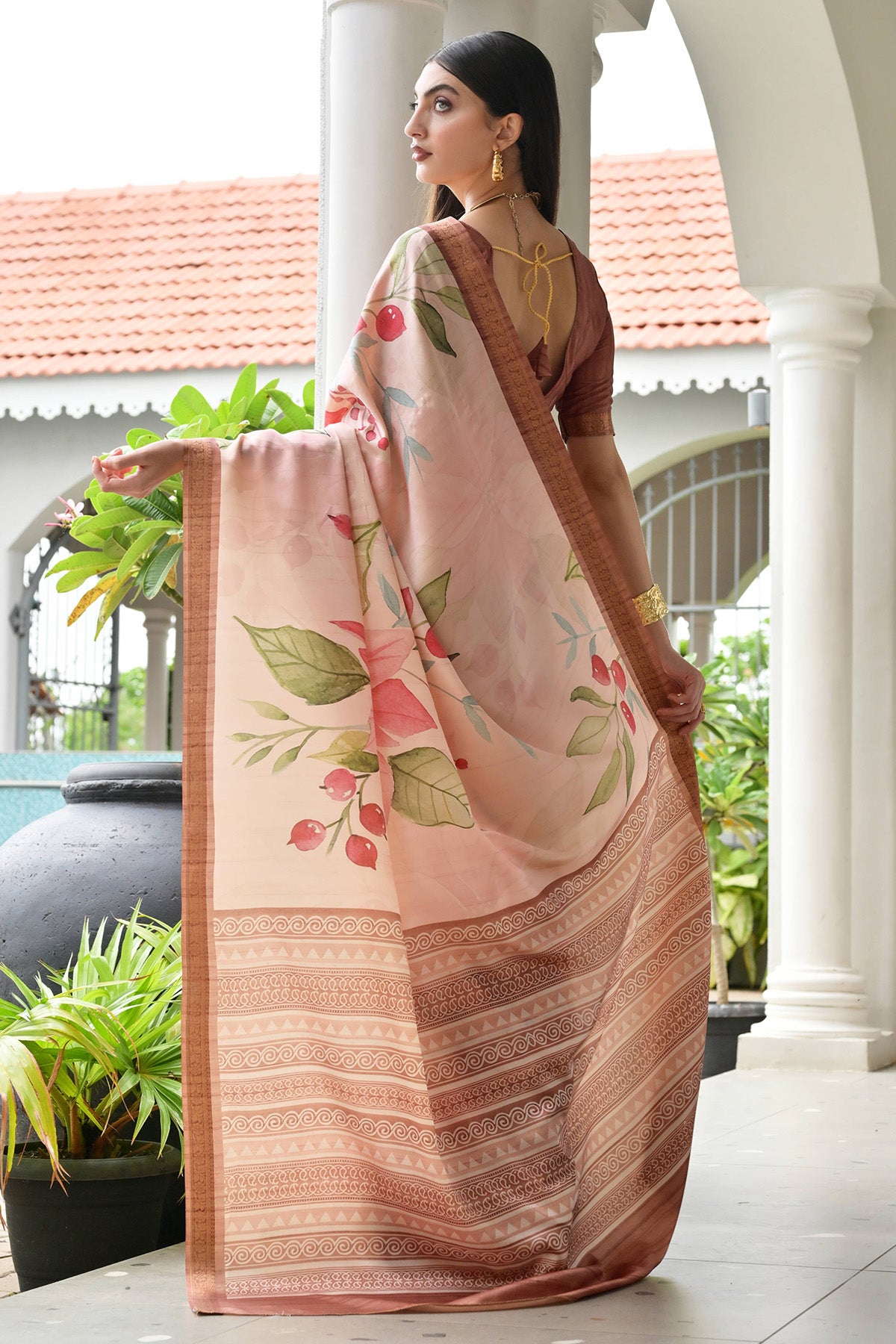 Coffee Flower Print Zari Saree