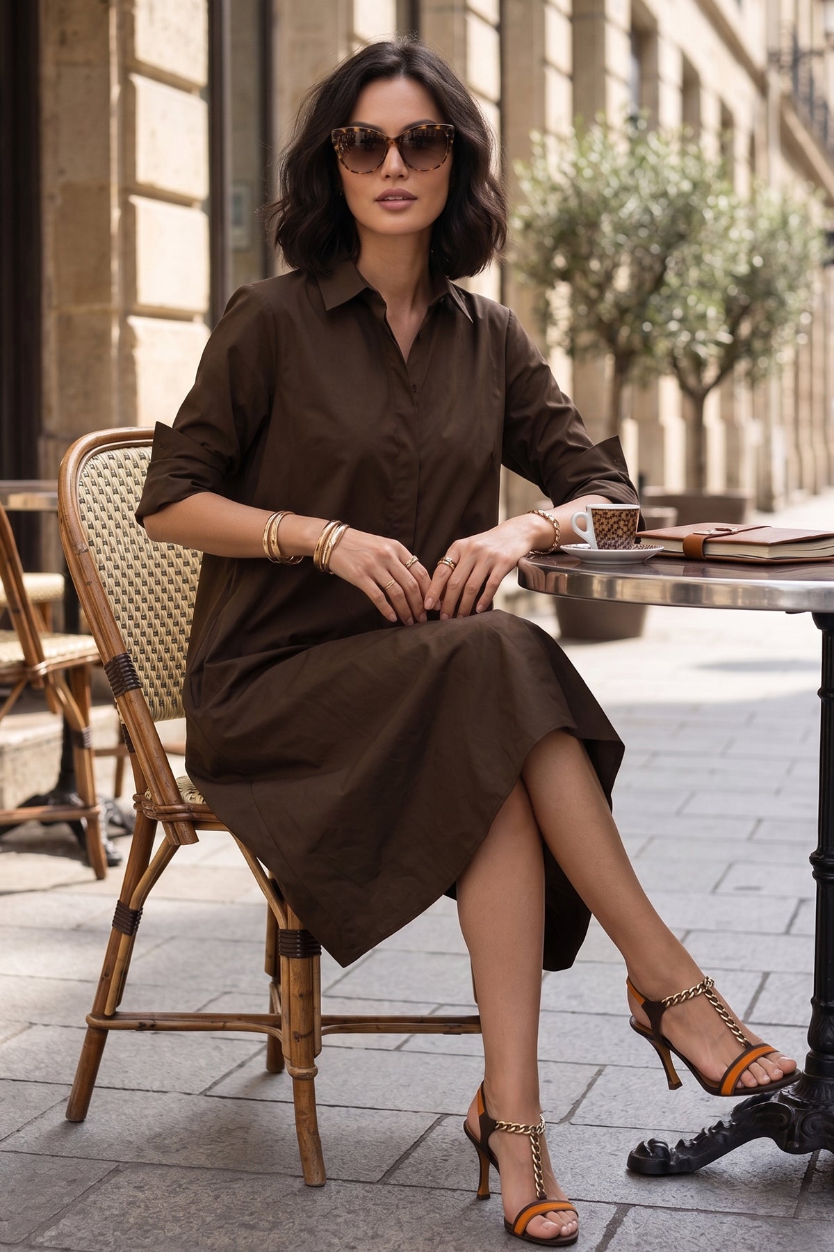 Coffee Knee Length Shirt Dress
