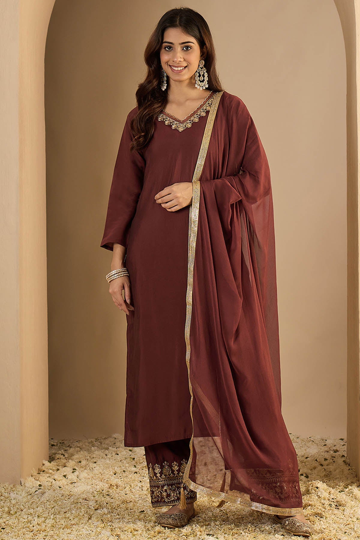 Buy Coffee Silk Blended Kurta Set for women by Aastha Fashion online available at scrollnshops
