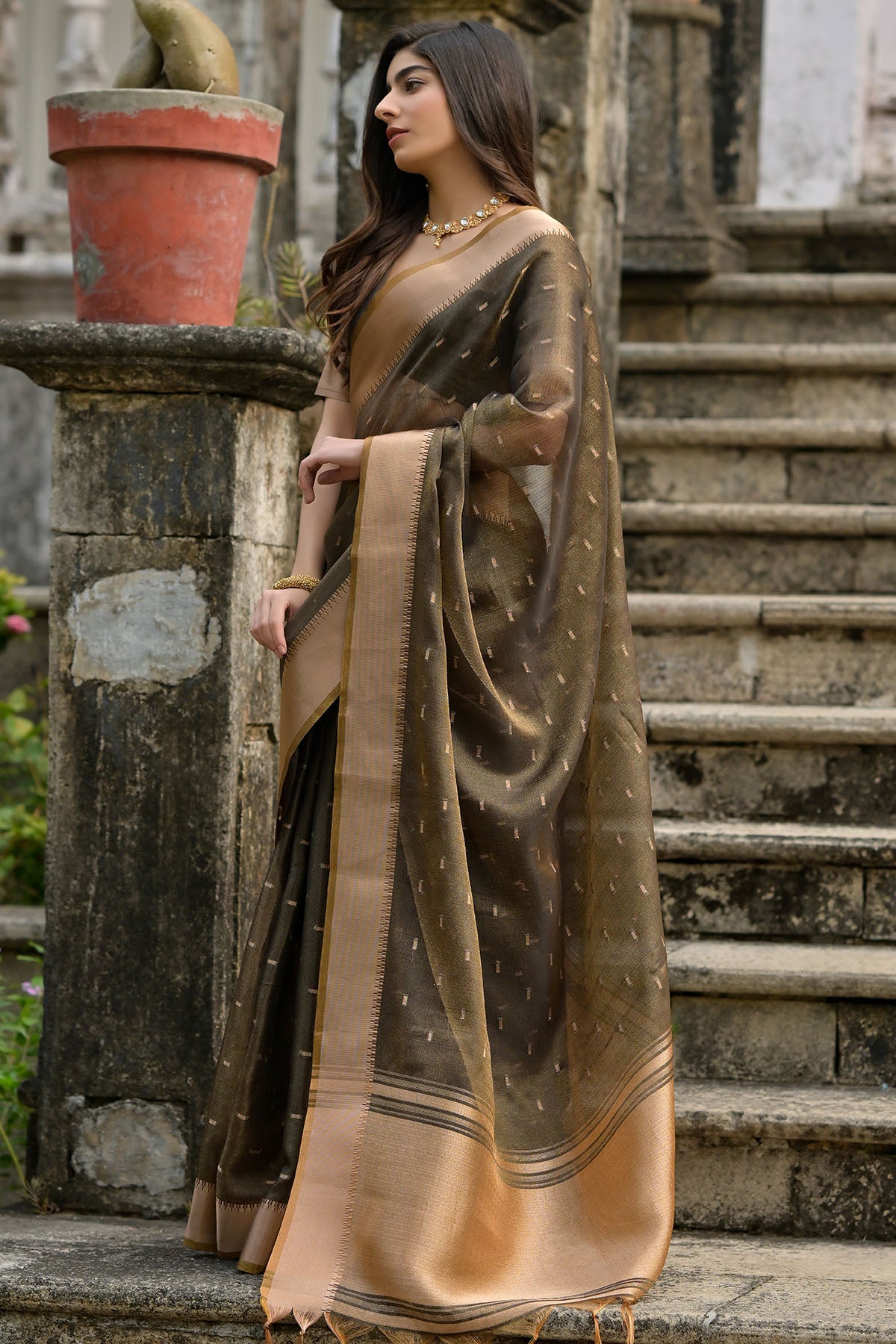 Coffee Soft Tussar Silk Saree
