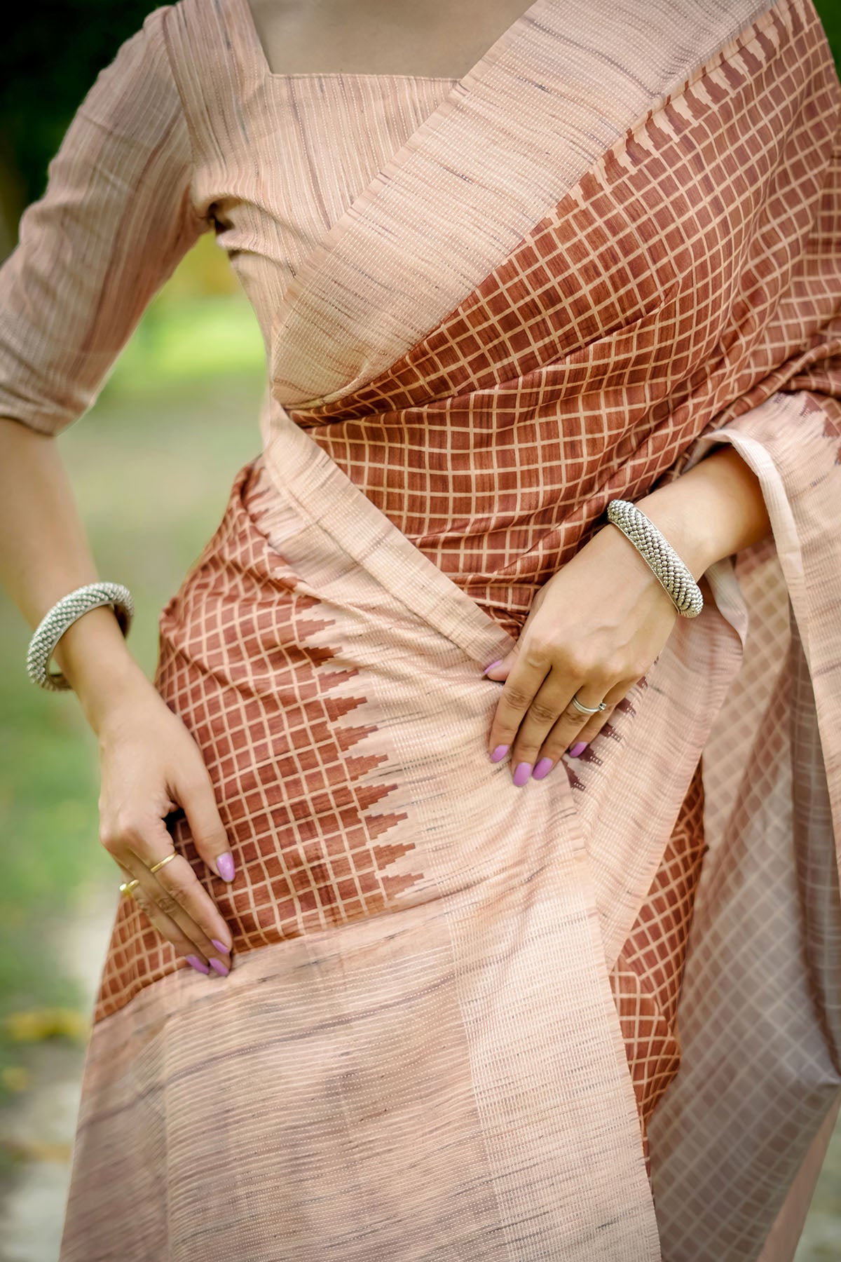 Coffee Tussar Silk Checked Saree