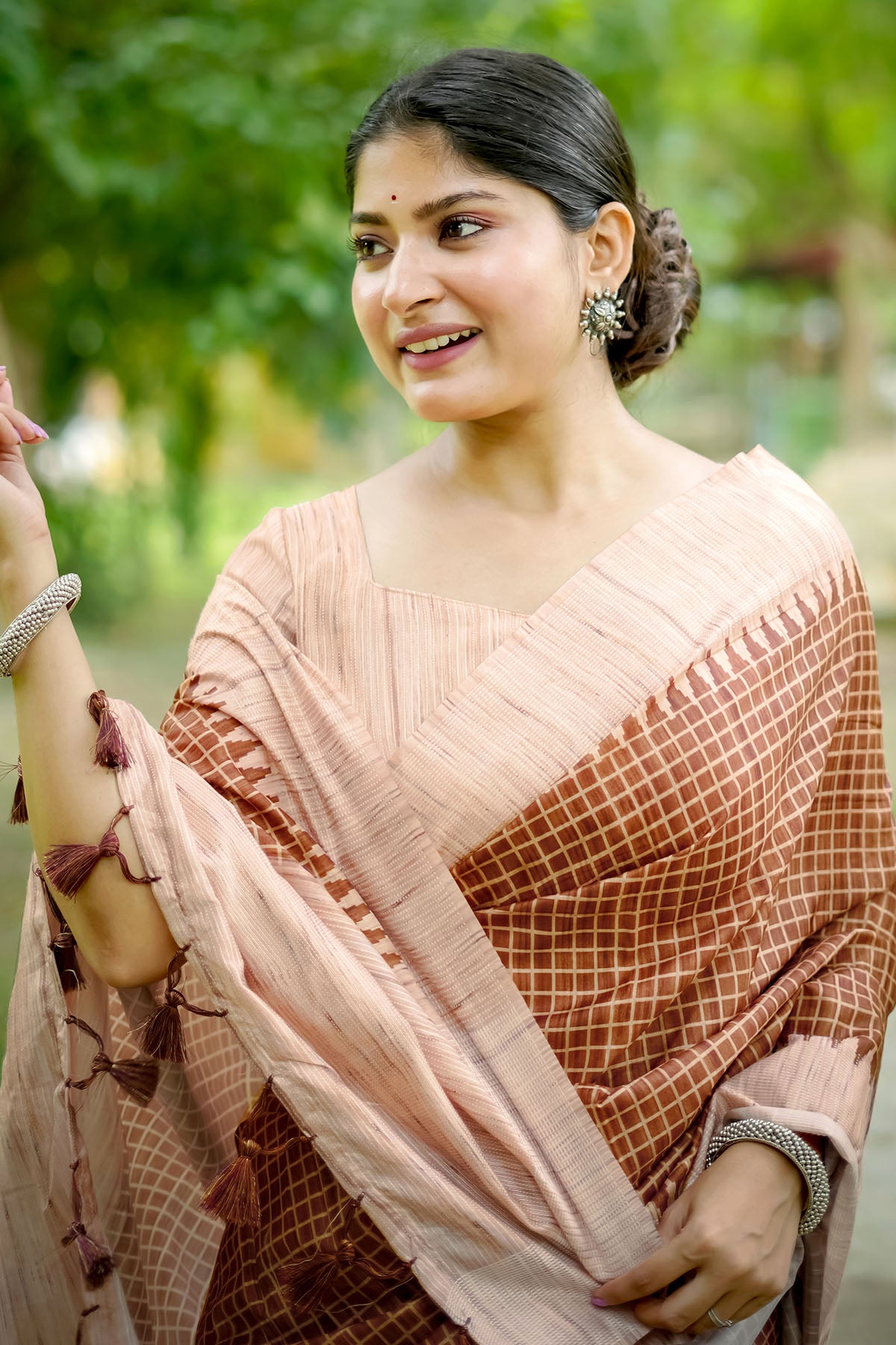 Coffee Tussar Silk Checked Saree