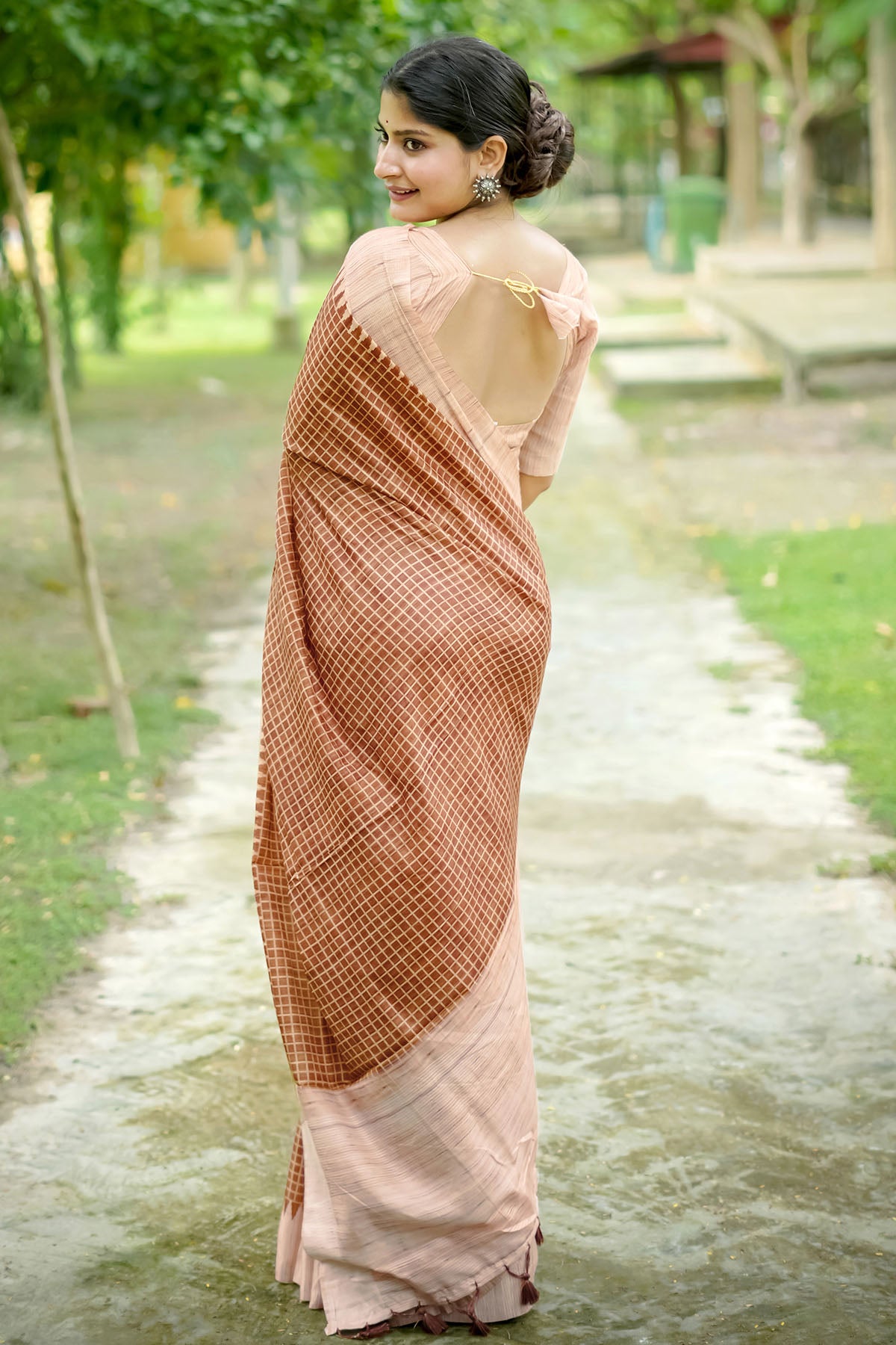 Coffee Tussar Silk Checked Saree