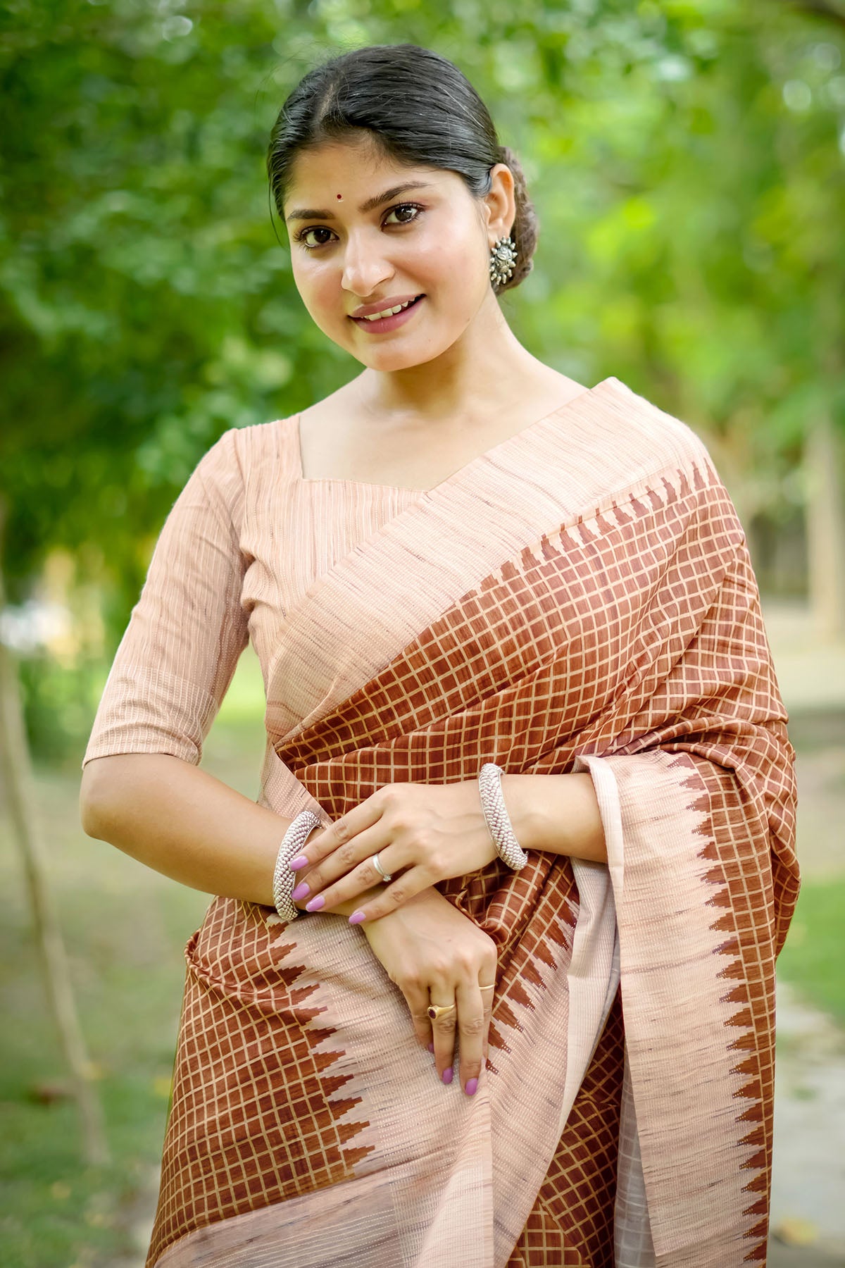 Coffee Tussar Silk Checked Saree