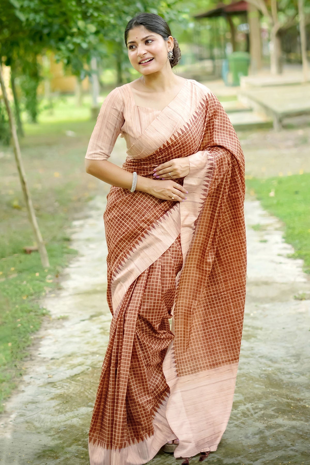 Buy Coffee Tussar Silk Checked Saree by Lili Lala for women online at ScrollnShops