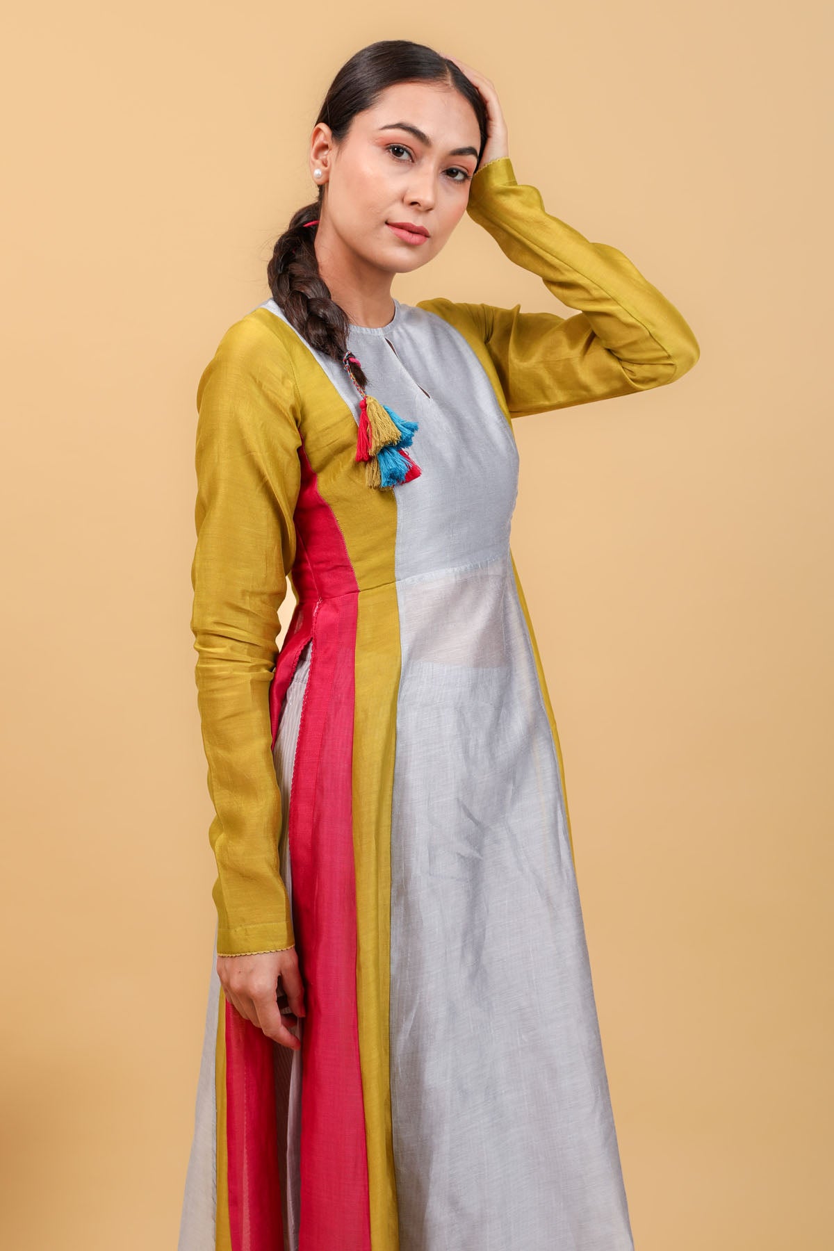 Grey Yellow Panelled Anarkali Set