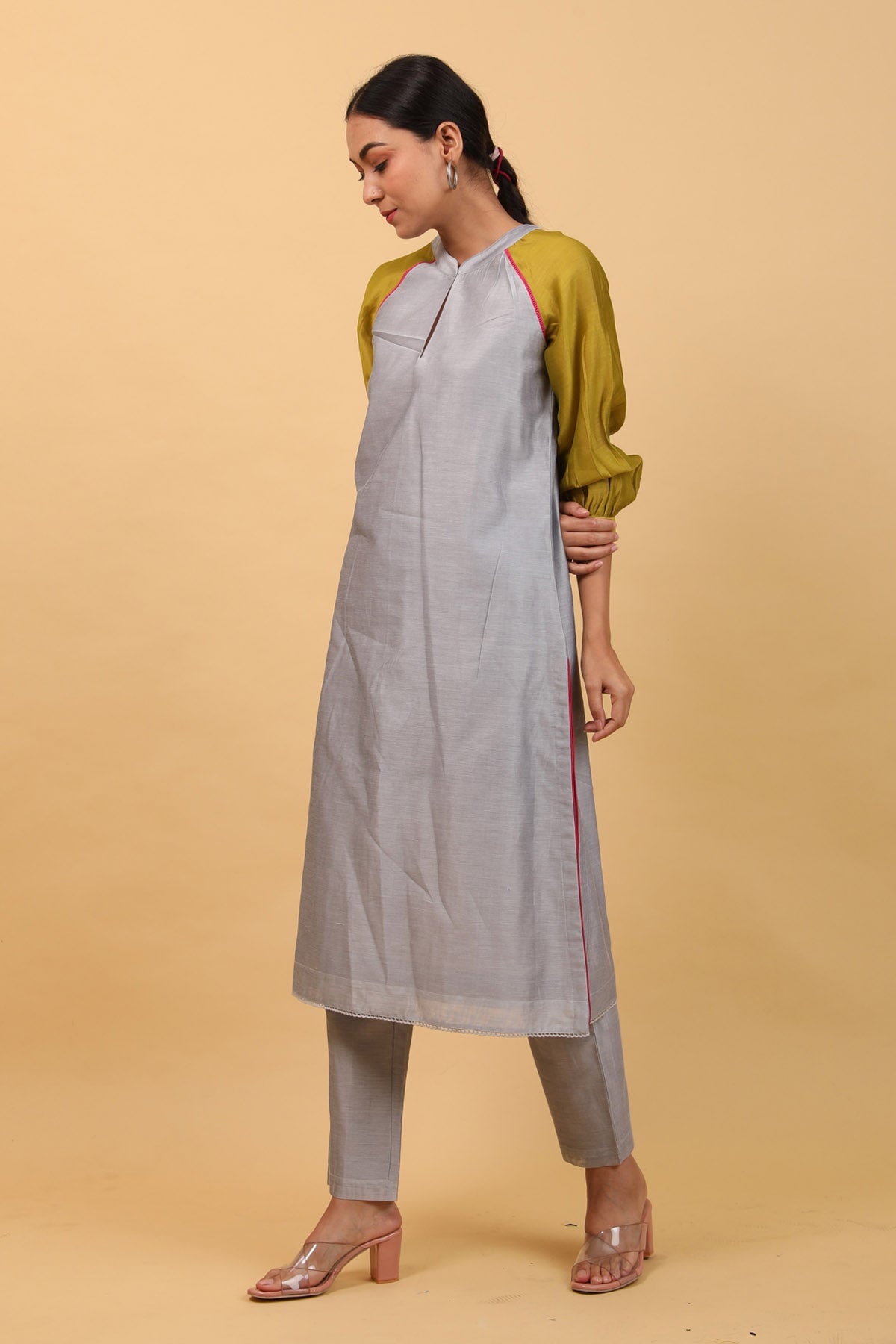 Grey Chanderi Long Kurta Set