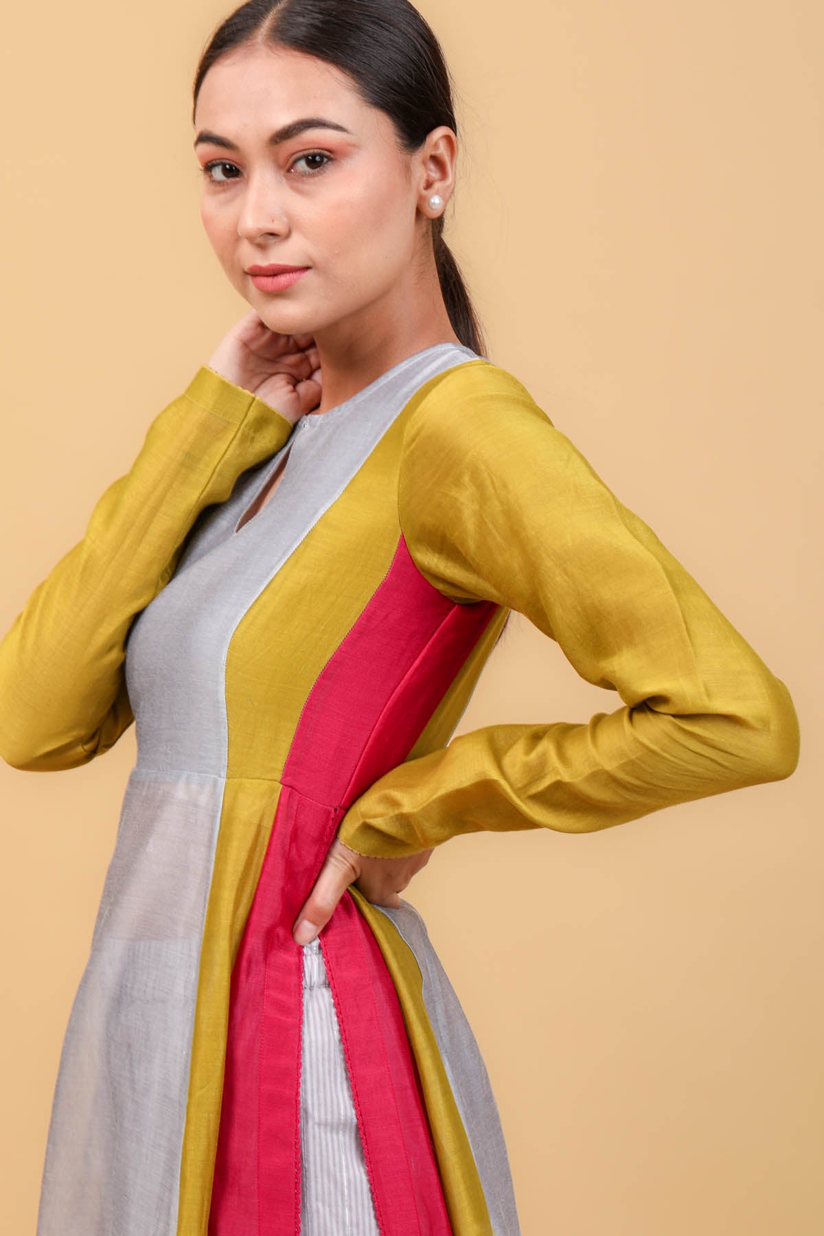 Grey Yellow & Pink Panelled Kurta Set