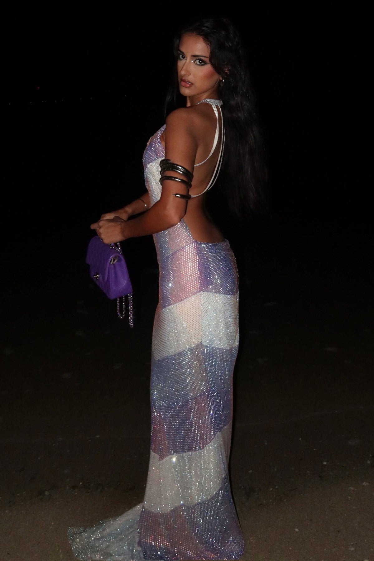 Buy ITRH, Designer Colorblock Crystal Backless Gown Online
