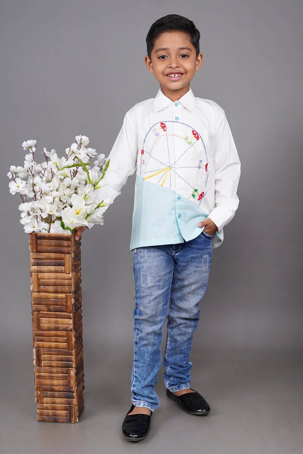 Little Brats Colorblock Embroidered Shirt for boy online at ScrollnShops