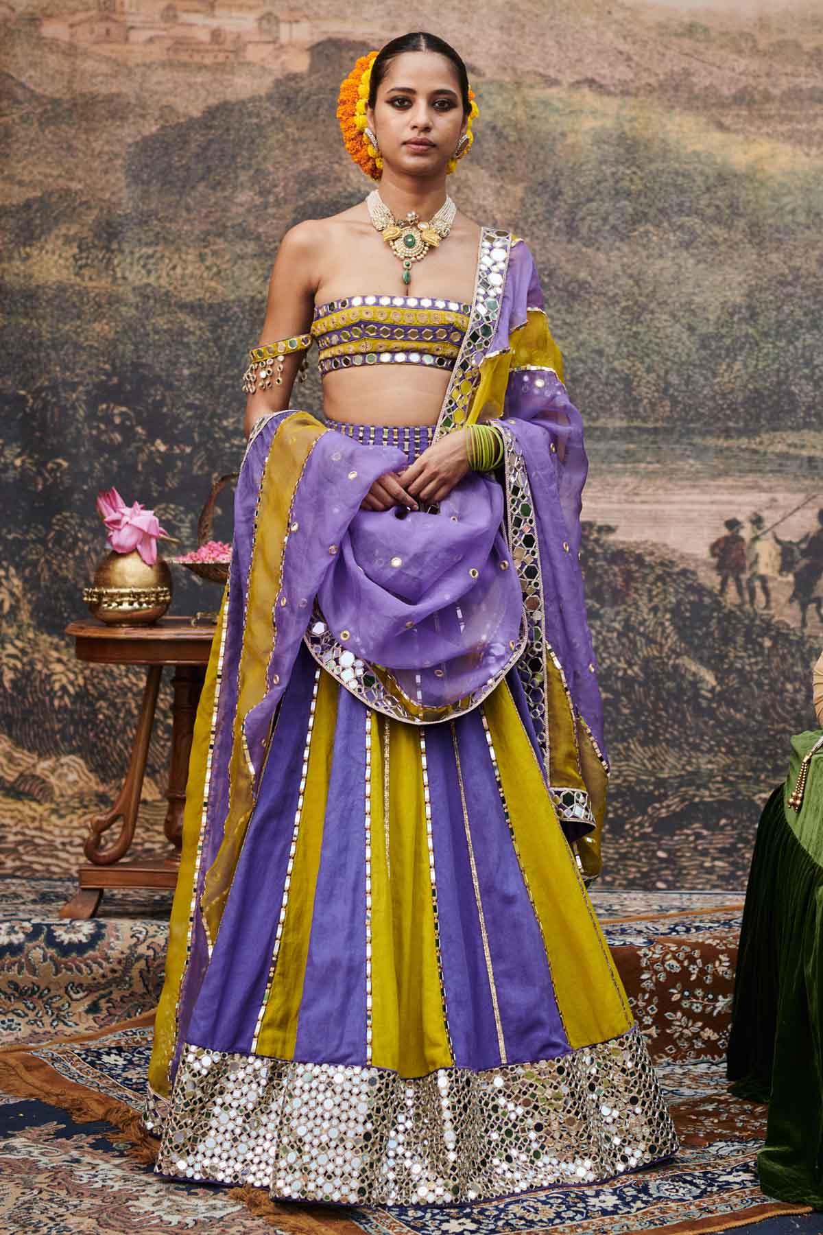 Buy ITRH, Designer Colorblock Mirror Lehenga Set Online