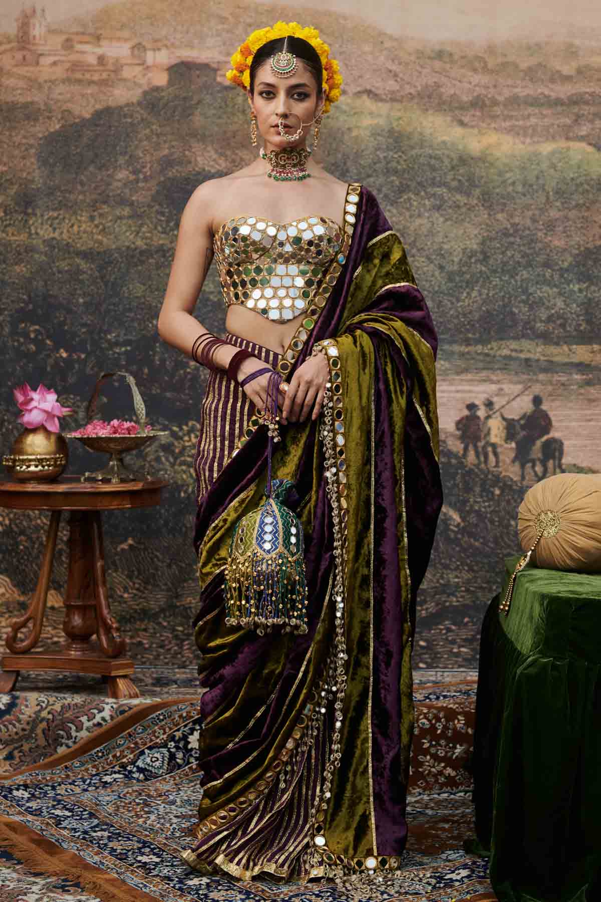 Buy Colorblock Mirror Work Saree Online