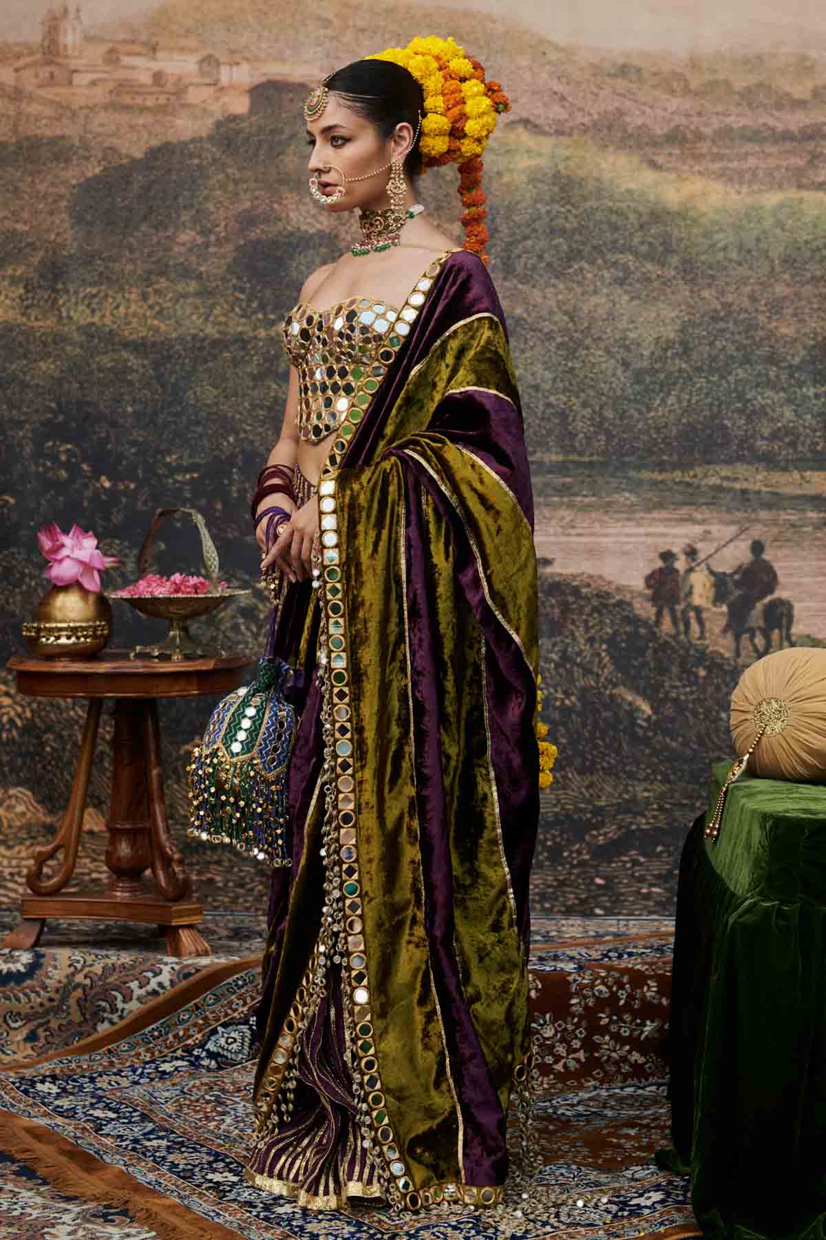 Colorblock Mirror Work Saree