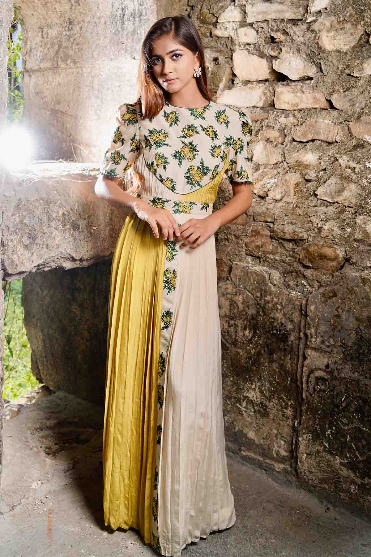 Sejal Kamdar Colorblock Pleated Maxi Dress for women online at ScrollnShops