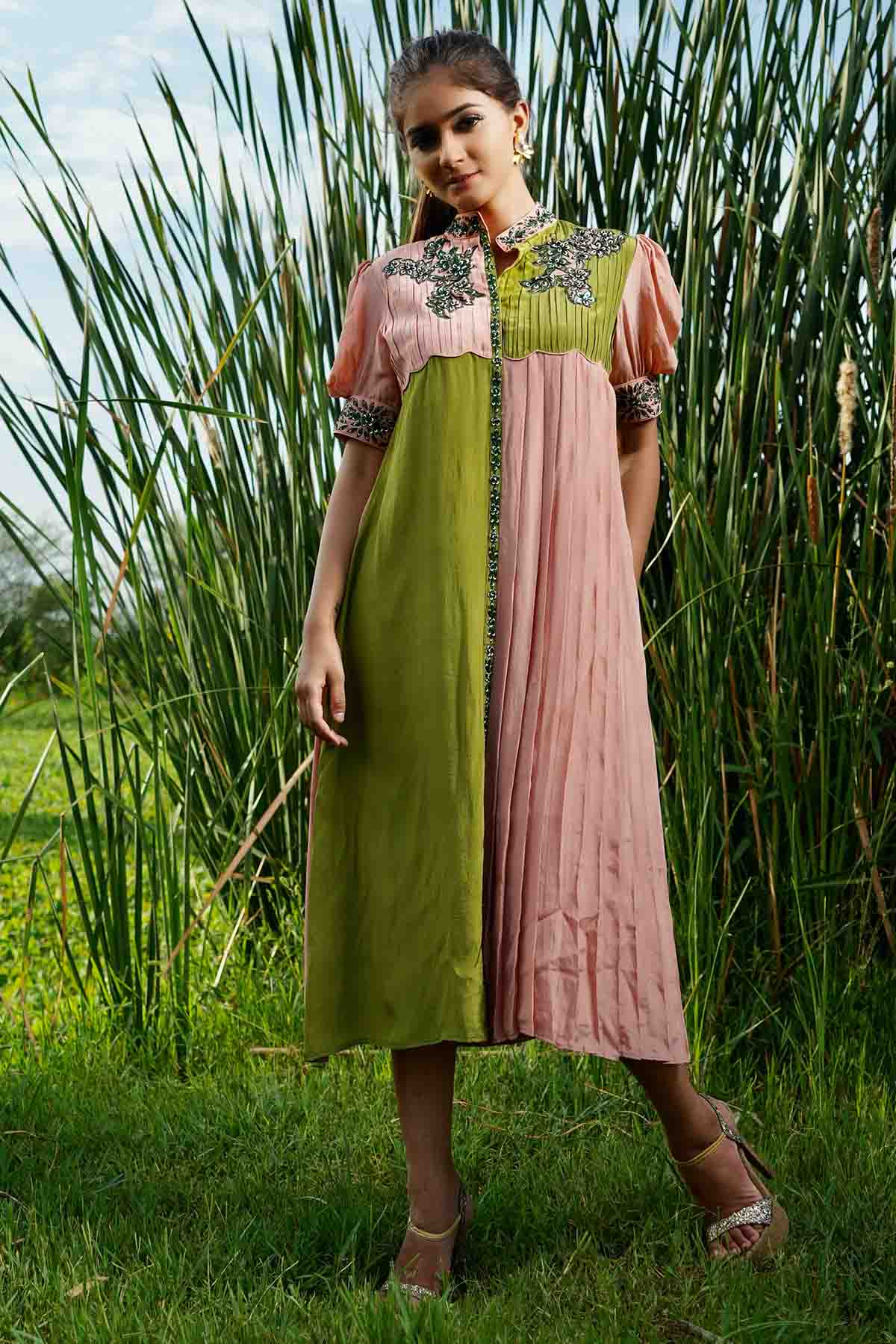 Sejal Kamdar Colorblock Pleated Midi Dress for women online at ScrollnShops
