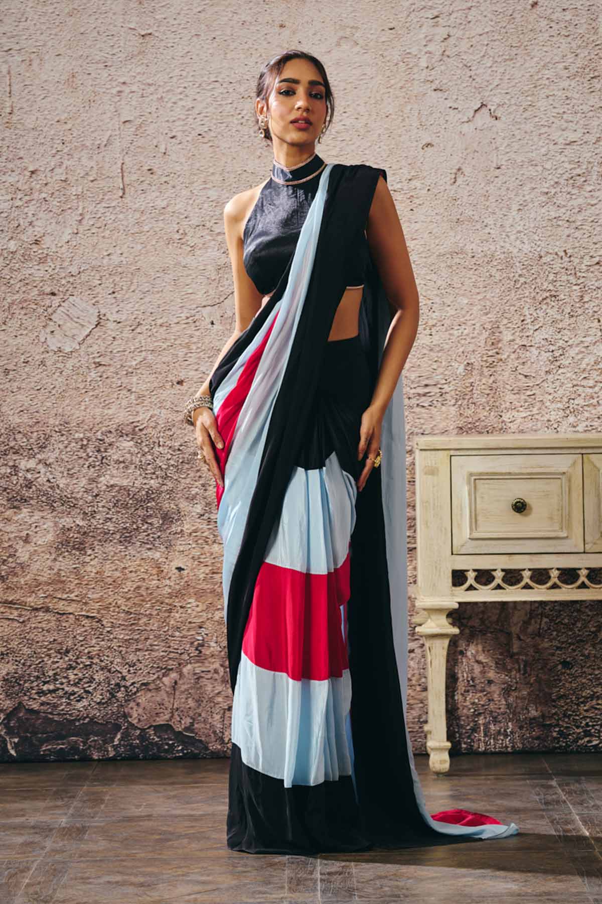 Buy Colorblock Saree & Blue Blouse by Masumi Mewawalla for women online at ScrollnShops