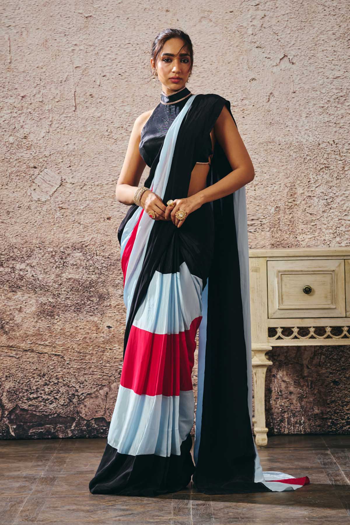 Colorblock Saree & Blue Blouse